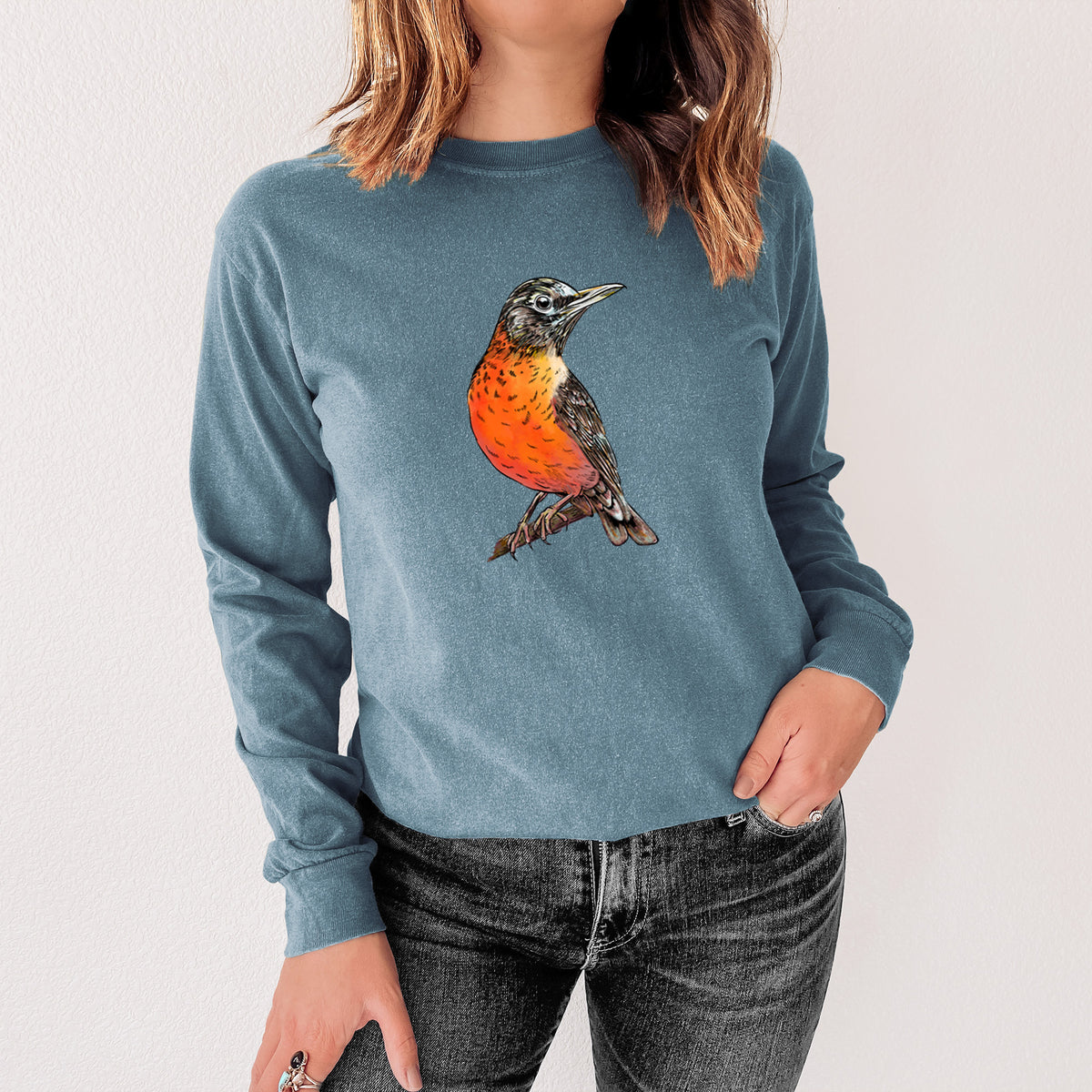 Vibrant American Robin - Turdus migratorius - Unisex Comfort Colors 100% Cotton Long Sleeve