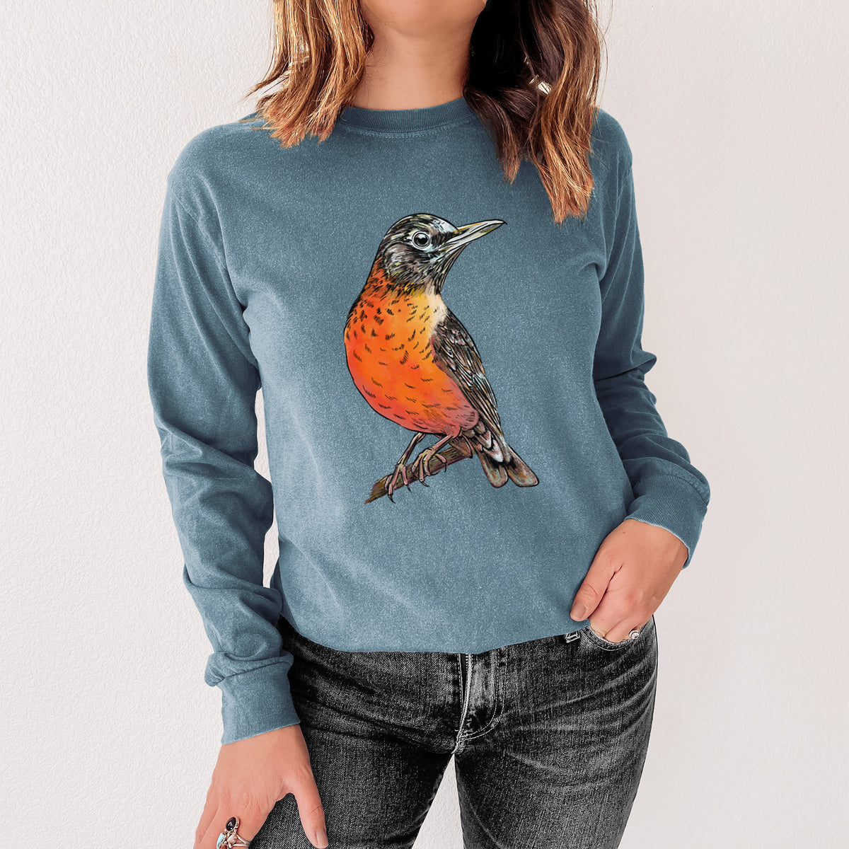 Vibrant American Robin - Turdus migratorius - Heavyweight 100% Cotton Long Sleeve