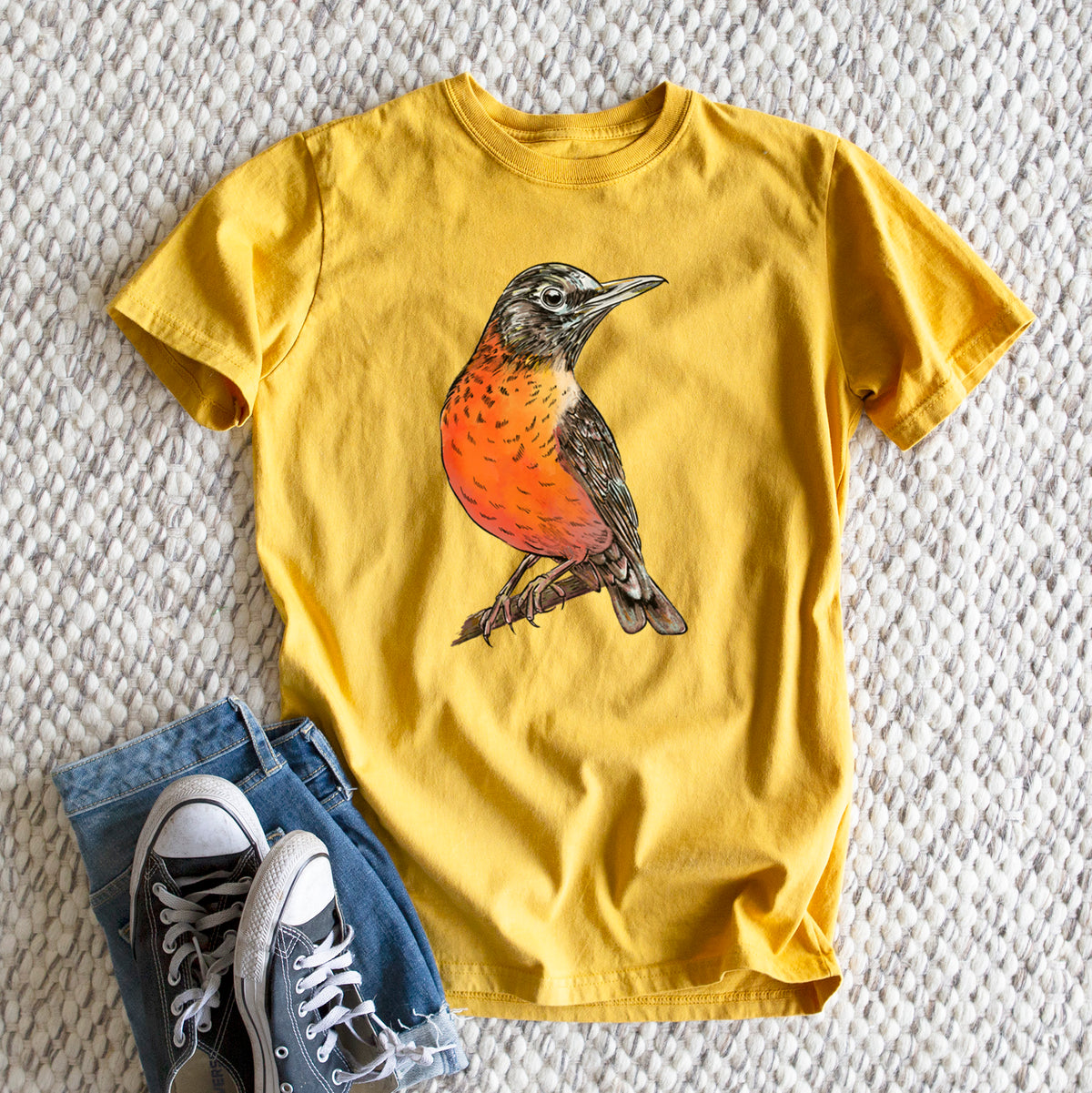 Vibrant American Robin - Turdus migratorius - Heavyweight Men&#39;s 100% Organic Cotton Tee