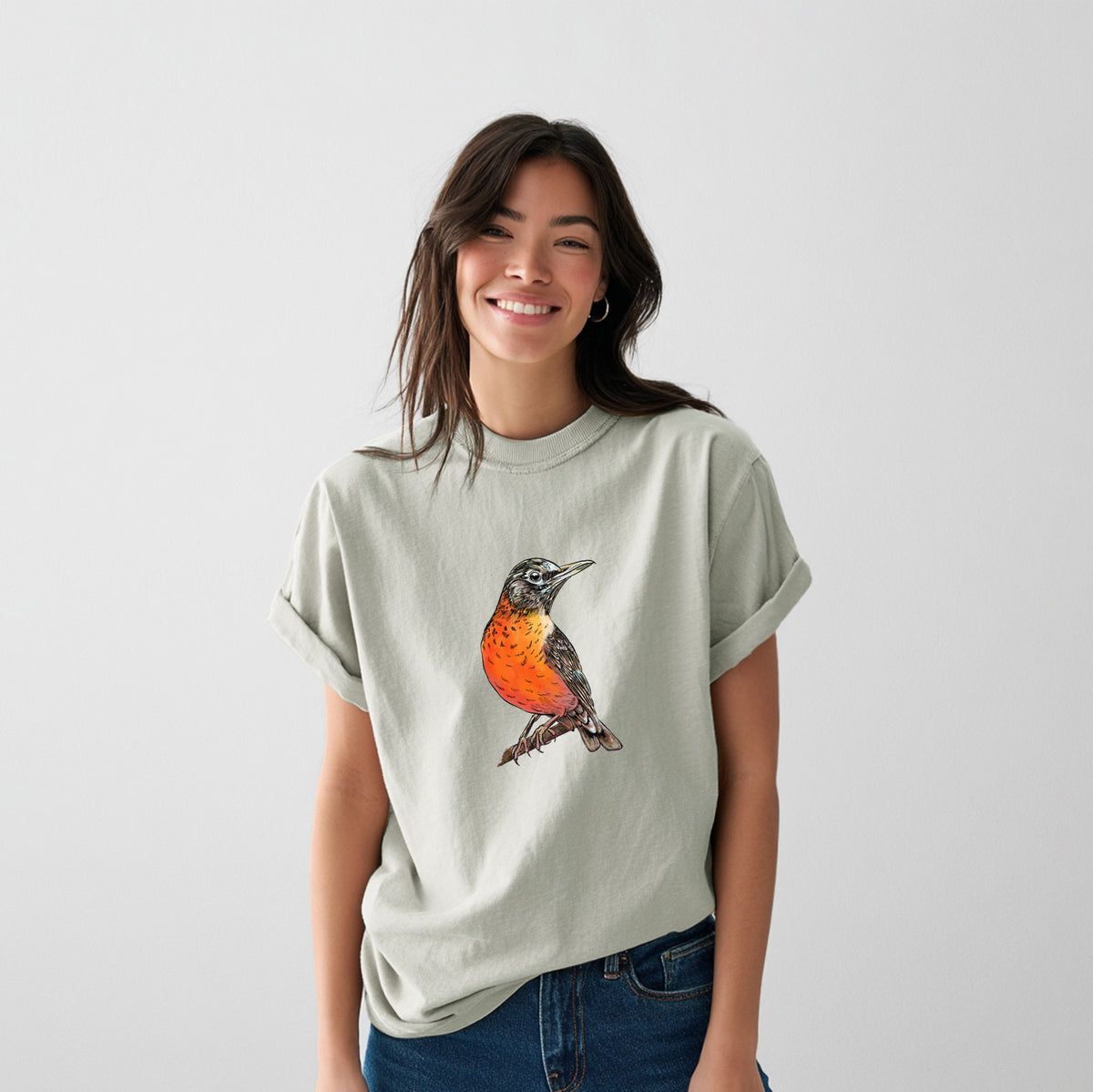 Vibrant American Robin - Turdus migratorius - Heavyweight Men&#39;s 100% Organic Cotton Tee