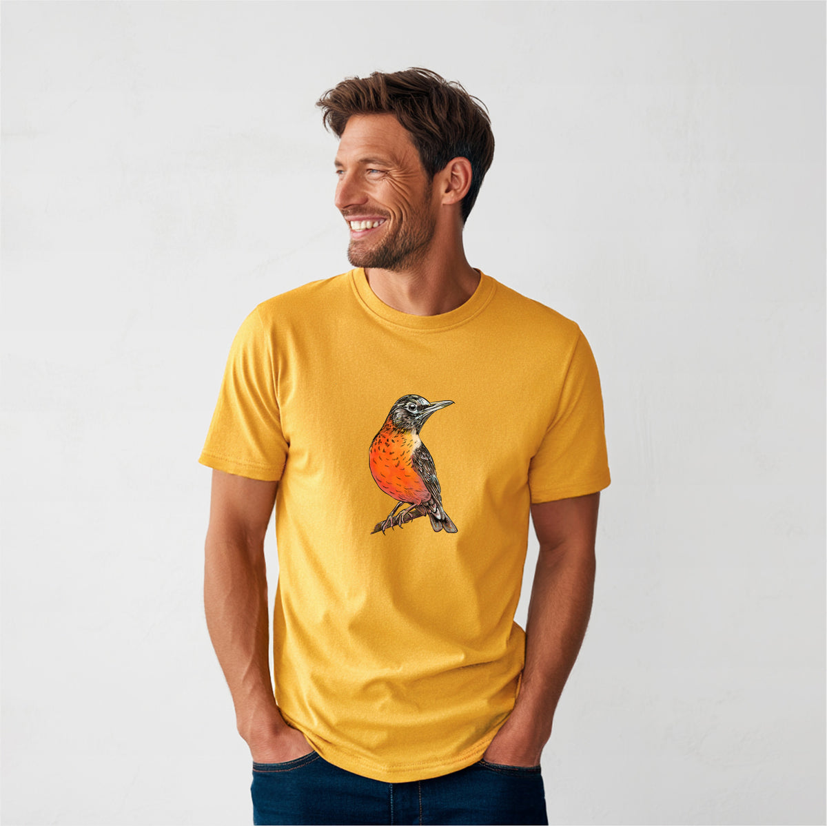 Vibrant American Robin - Turdus migratorius - Heavyweight Men&#39;s 100% Organic Cotton Tee