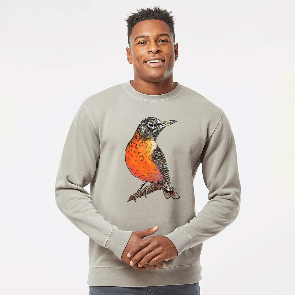 Vibrant American Robin - Turdus migratorius - Unisex Pigment Dyed Crew Sweatshirt