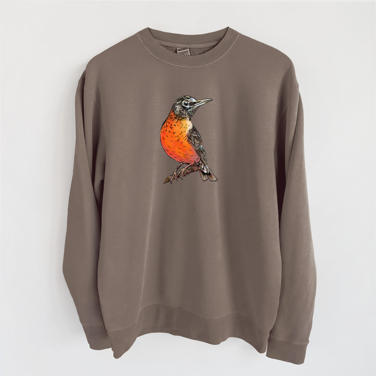 Vibrant American Robin - Turdus migratorius - Unisex Pigment Dyed Crew Sweatshirt in Espresso
