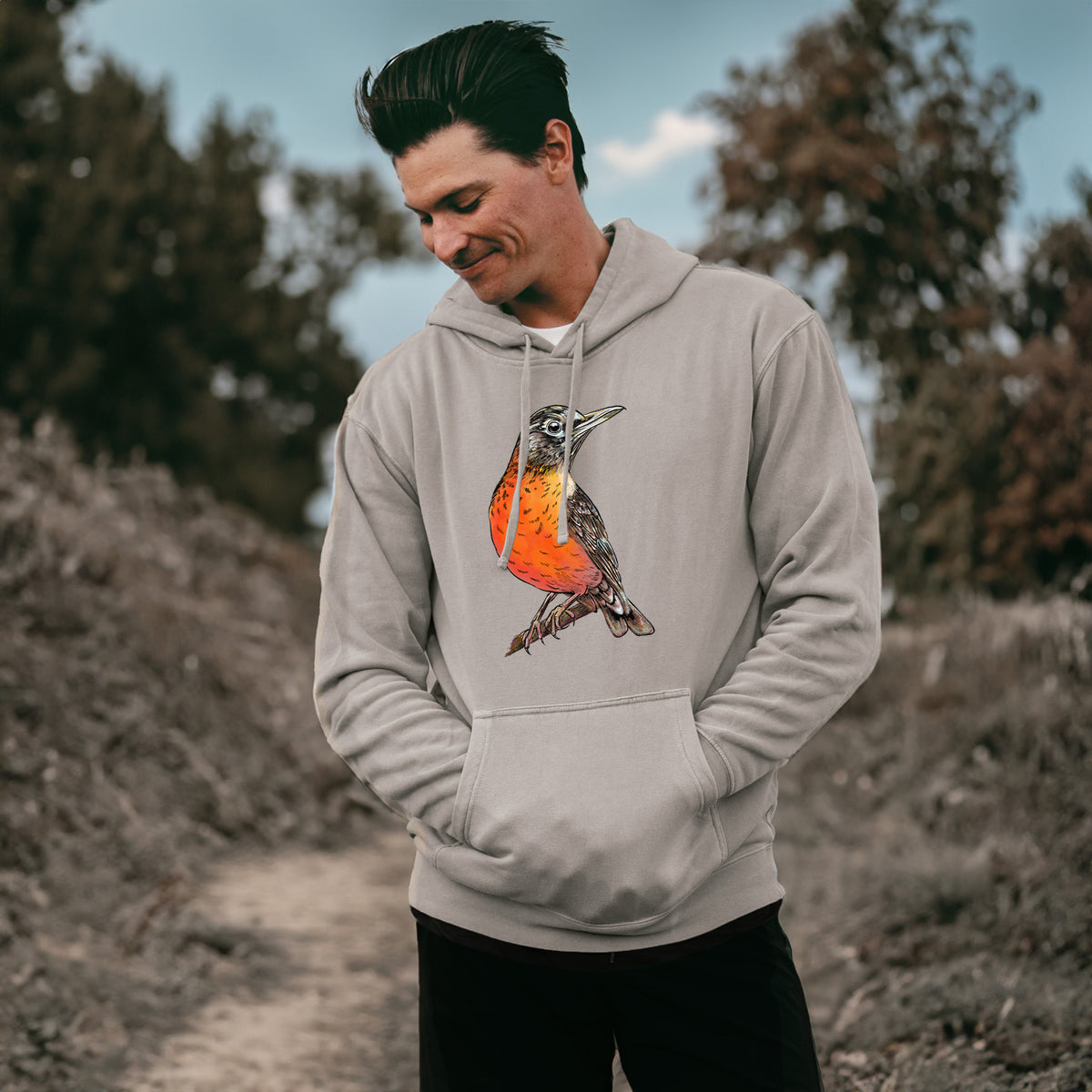 Vibrant American Robin - Turdus migratorius - Unisex Pigment Dyed Hoodie