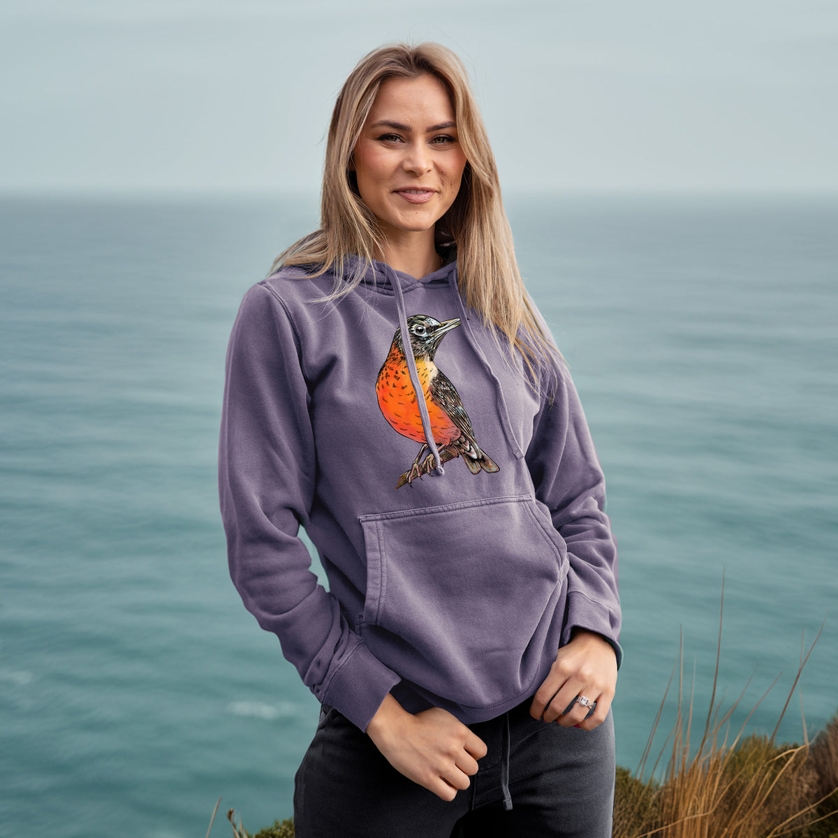 Vibrant American Robin - Turdus migratorius - Unisex Pigment Dyed Hoodie