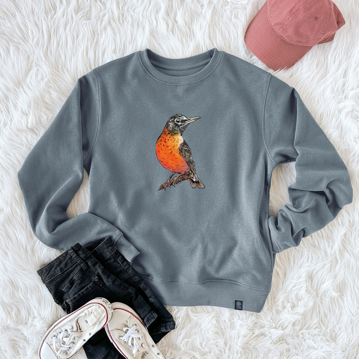 Vibrant American Robin - Turdus migratorius  - Unisex Reclaimed Crewneck Sweatshirt