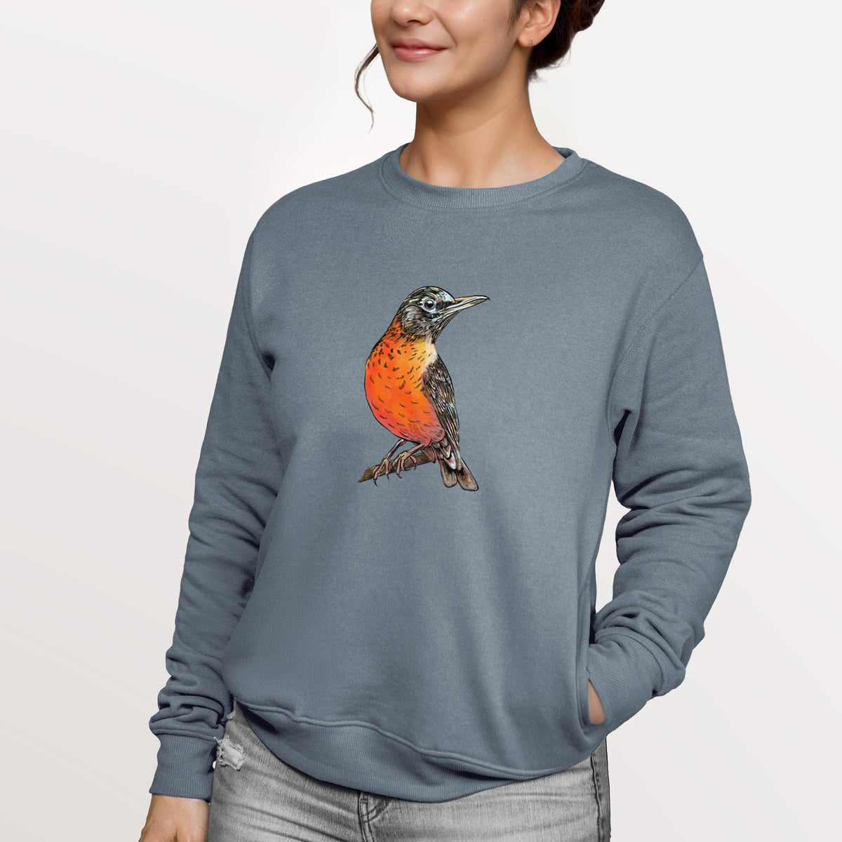 Vibrant American Robin - Turdus migratorius  - Unisex Reclaimed Crewneck Sweatshirt