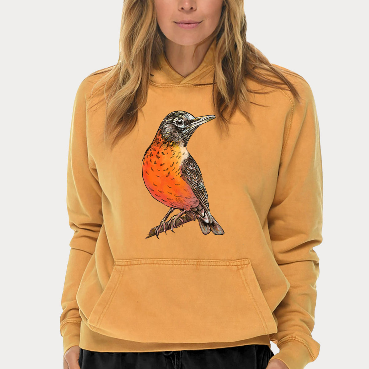 Vibrant American Robin - Turdus migratorius  - Mid-Weight Unisex Vintage 100% Cotton Hoodie