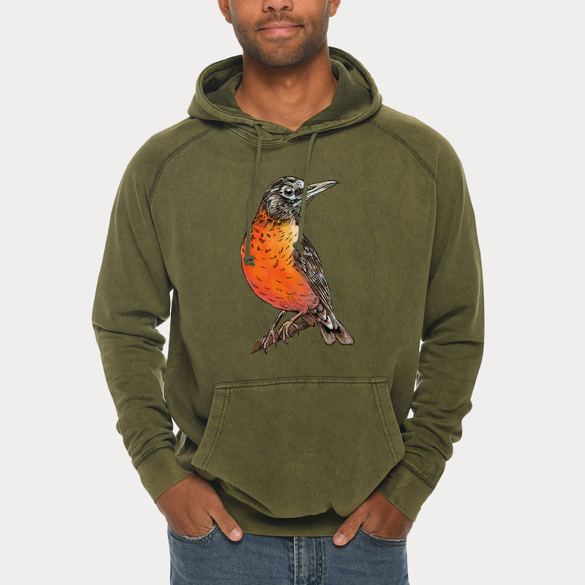 Vibrant American Robin - Turdus migratorius  - Mid-Weight Unisex Vintage 100% Cotton Hoodie