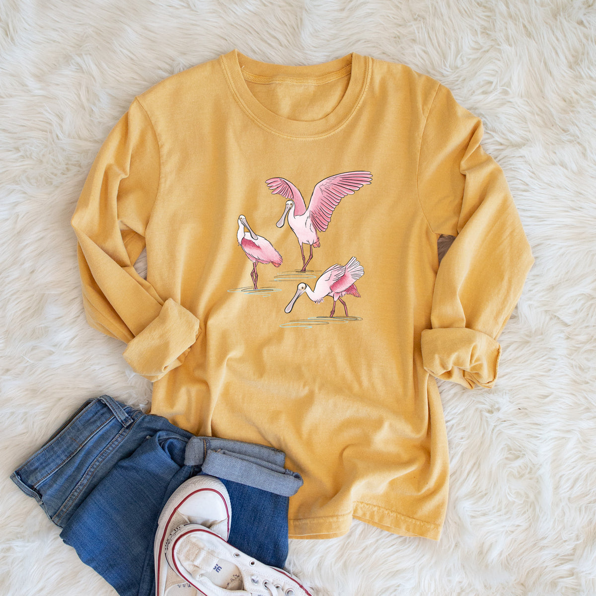 Roseate Spoonbill Trio - Platalea ajaja - Unisex Comfort Colors 100% Cotton Long Sleeve