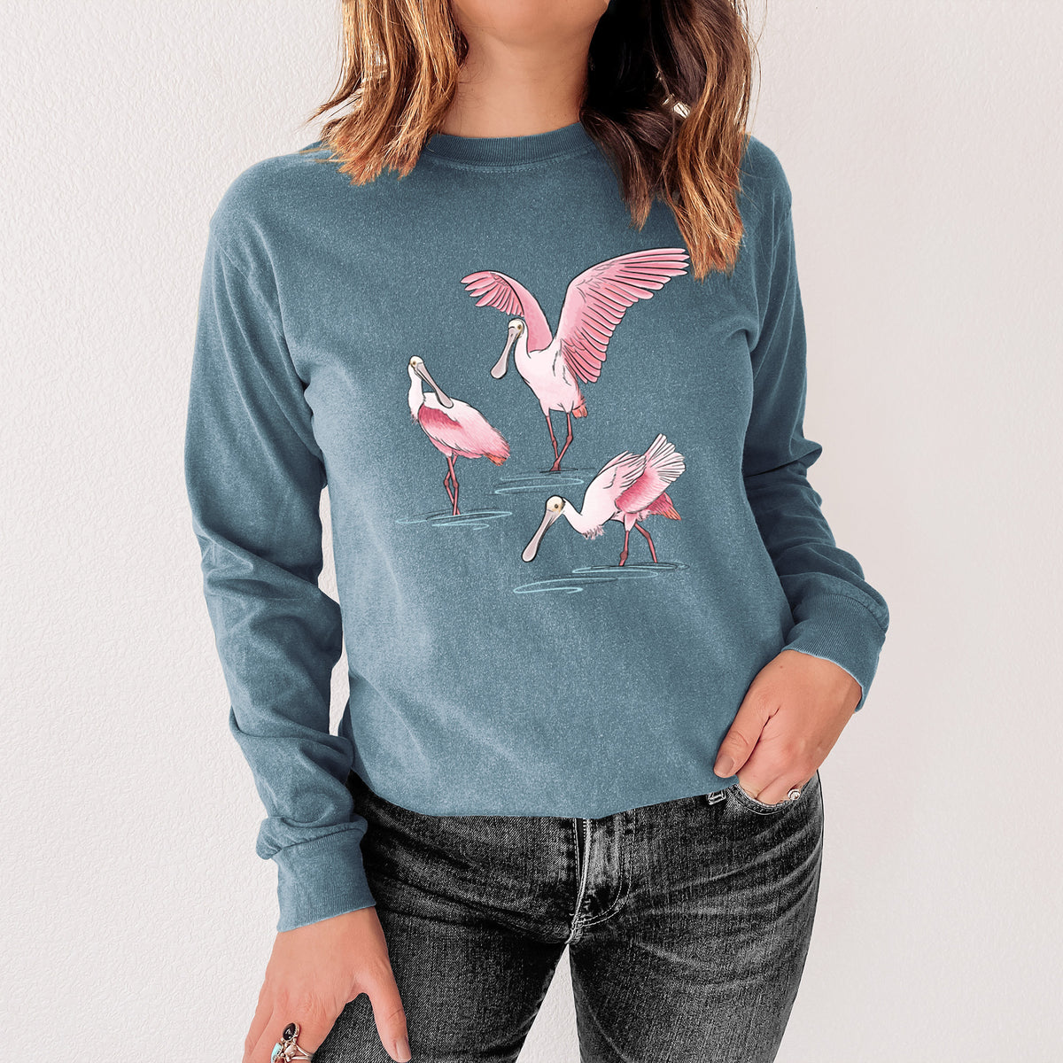 Roseate Spoonbill Trio - Platalea ajaja - Unisex Comfort Colors 100% Cotton Long Sleeve