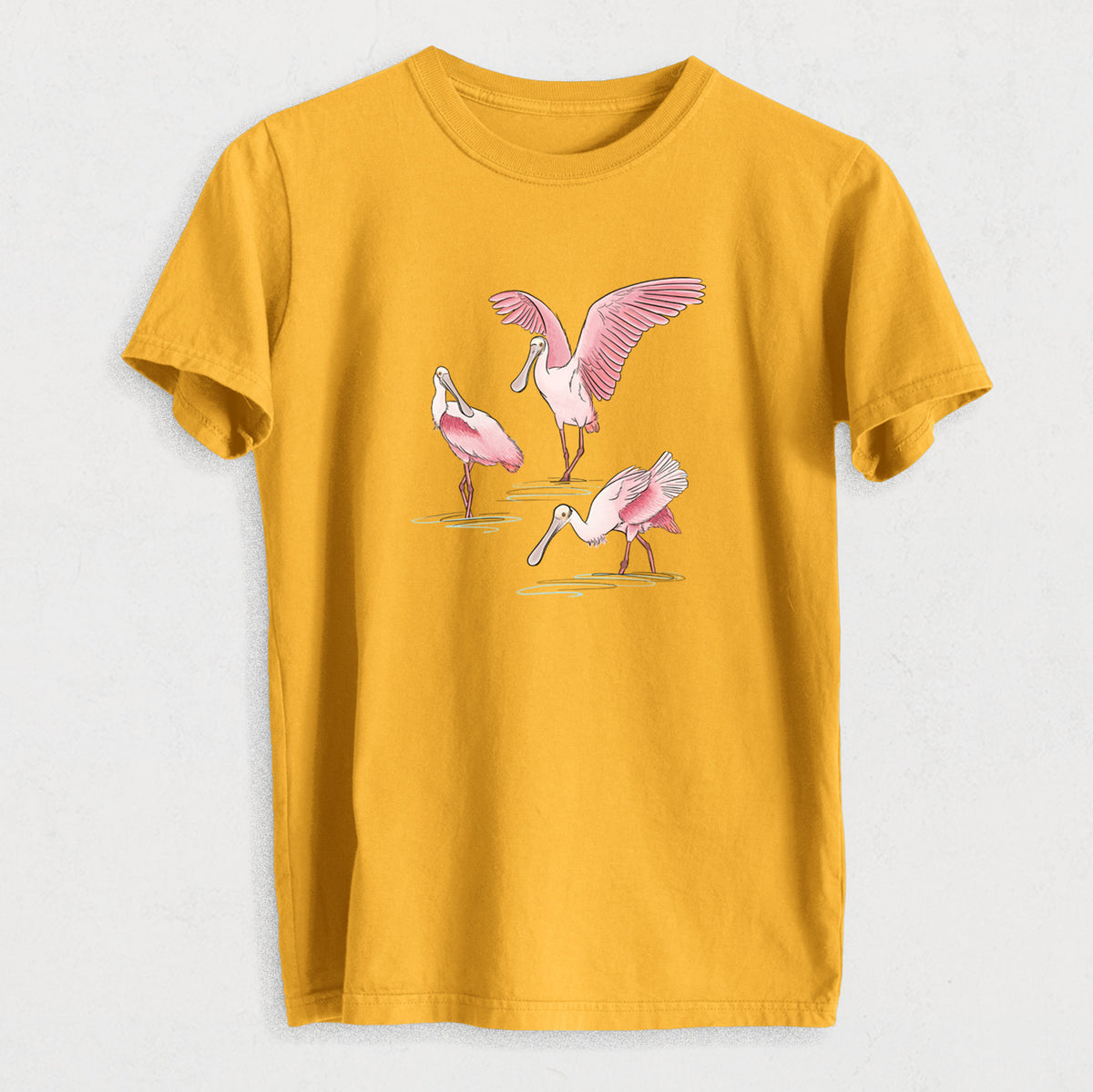 Roseate Spoonbill Trio - Platalea ajaja - Heavyweight Men&#39;s 100% Organic Cotton Tee
