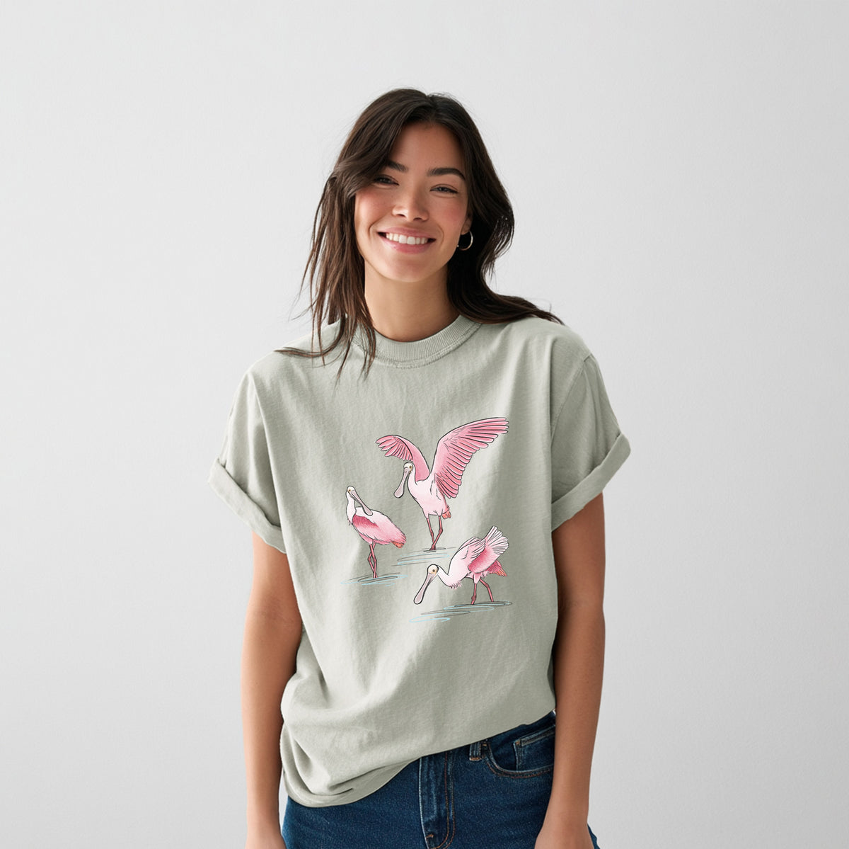 Roseate Spoonbill Trio - Platalea ajaja - Heavyweight Men&#39;s 100% Organic Cotton Tee