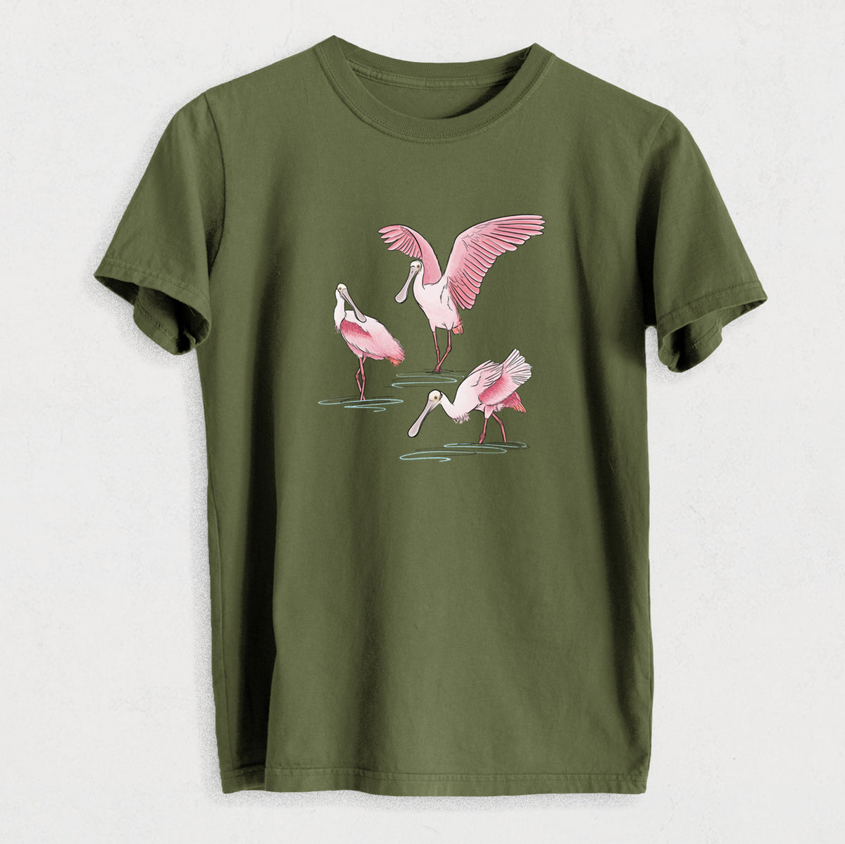 Roseate Spoonbill Trio - Platalea ajaja - Heavyweight Men&#39;s 100% Organic Cotton Tee