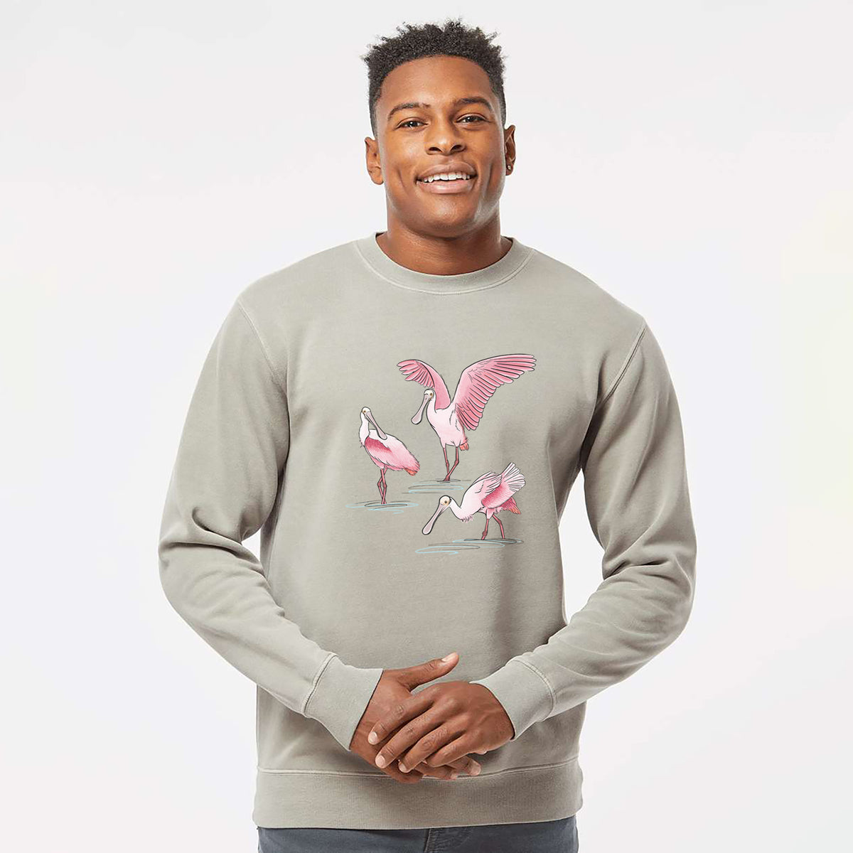 Roseate Spoonbill Trio - Platalea ajaja - Unisex Pigment Dyed Crew Sweatshirt