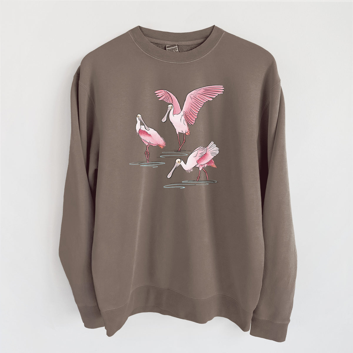 Roseate Spoonbill Trio - Platalea ajaja - Unisex Pigment Dyed Crew Sweatshirt in Espresso
