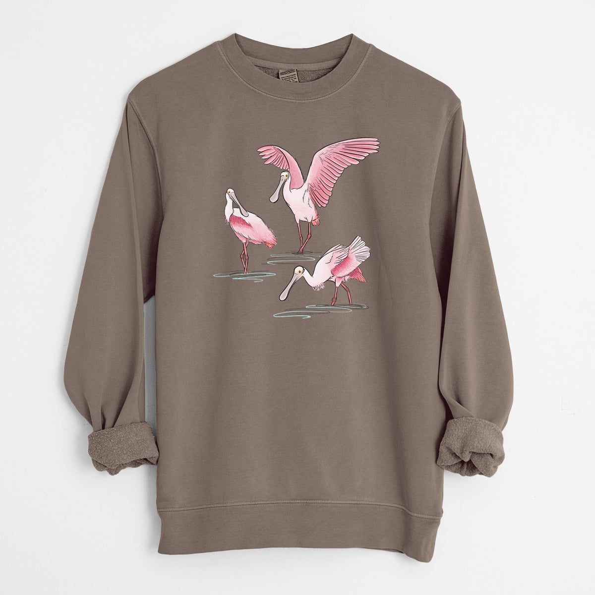 Roseate Spoonbill Trio - Platalea ajaja - Unisex Pigment Dyed Crew Sweatshirt in Espresso