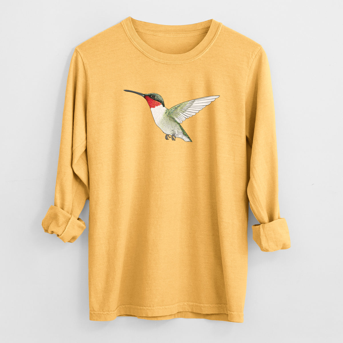 Vibrant Ruby-throated Hummingbird - Archilochus colubris - Heavyweight 100% Cotton Long Sleeve