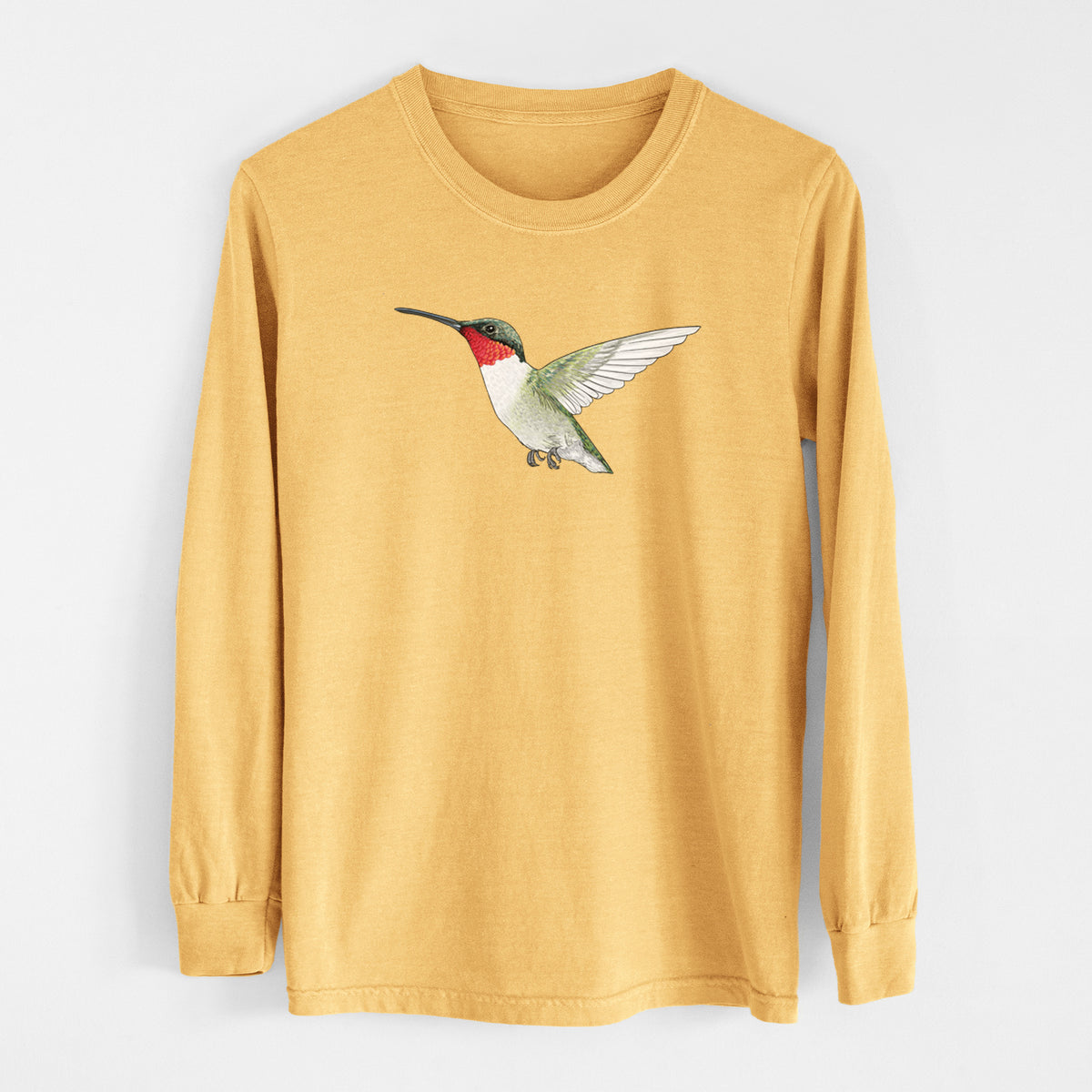 Vibrant Ruby-throated Hummingbird - Archilochus colubris - Heavyweight 100% Cotton Long Sleeve