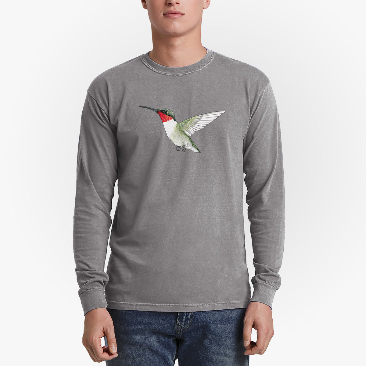 Vibrant Ruby-throated Hummingbird - Archilochus colubris - Heavyweight 100% Cotton Long Sleeve