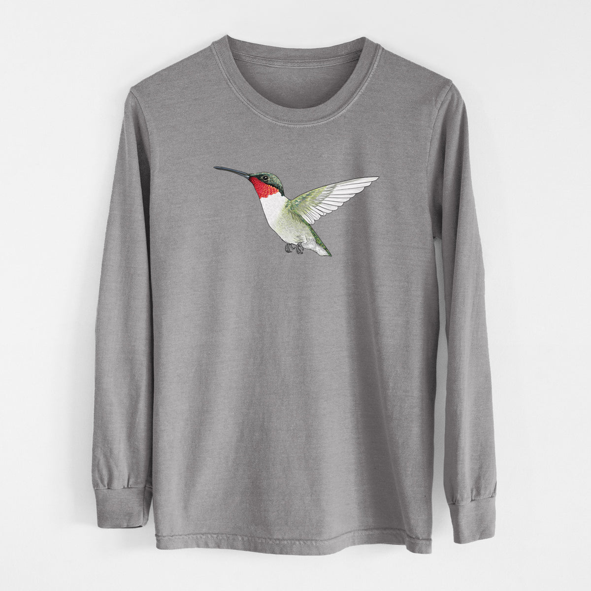 Vibrant Ruby-throated Hummingbird - Archilochus colubris - Heavyweight 100% Cotton Long Sleeve