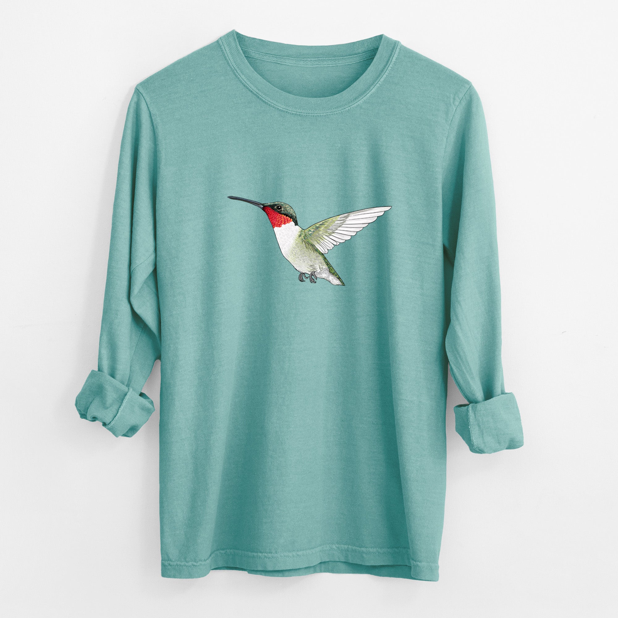 Vibrant Ruby-throated Hummingbird - Archilochus colubris - Unisex Comfort Colors 100% Cotton Long Sleeve
