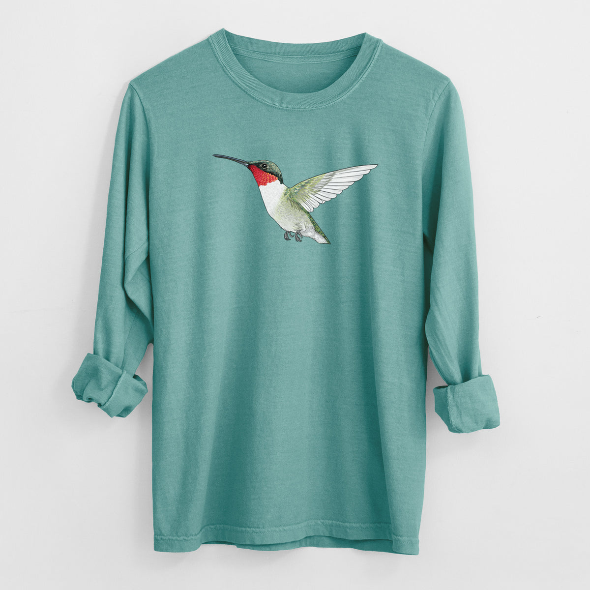 Vibrant Ruby-throated Hummingbird - Archilochus colubris - Heavyweight 100% Cotton Long Sleeve