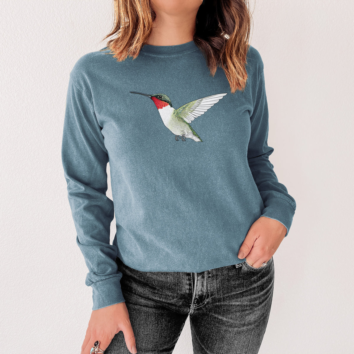 Vibrant Ruby-throated Hummingbird - Archilochus colubris - Heavyweight 100% Cotton Long Sleeve