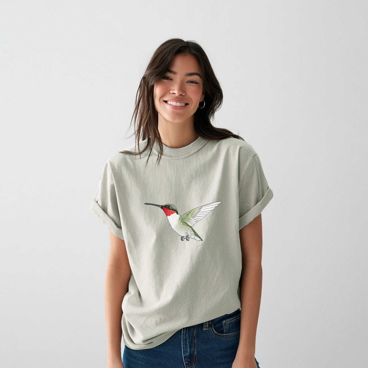 Vibrant Ruby-throated Hummingbird - Archilochus colubris - Heavyweight Men&#39;s 100% Organic Cotton Tee
