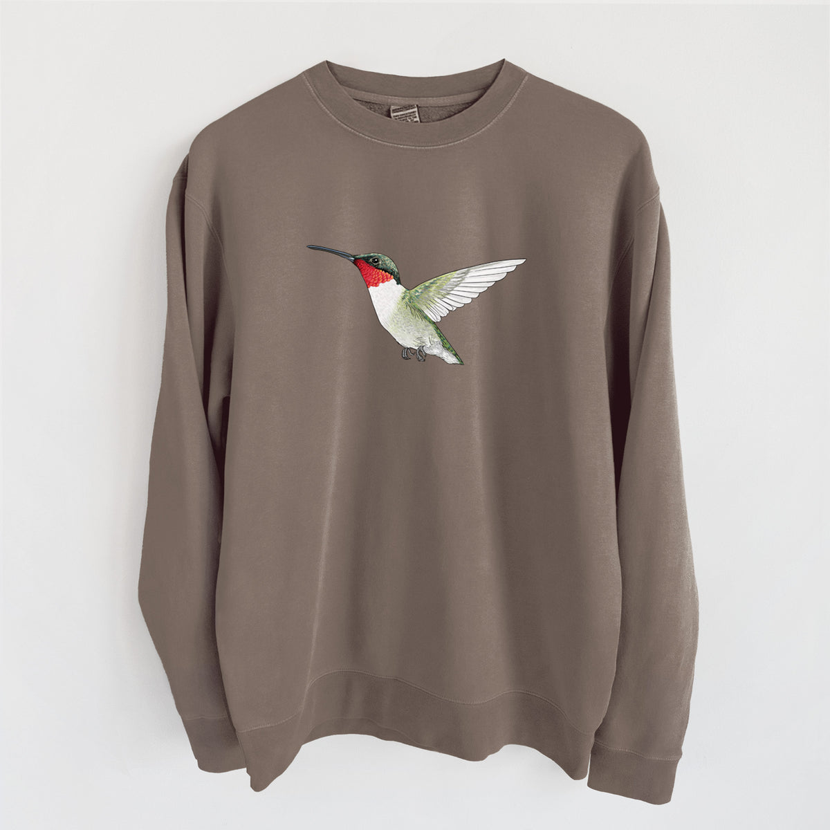 Vibrant Ruby-throated Hummingbird - Archilochus colubris - Unisex Pigment Dyed Crew Sweatshirt in Espresso