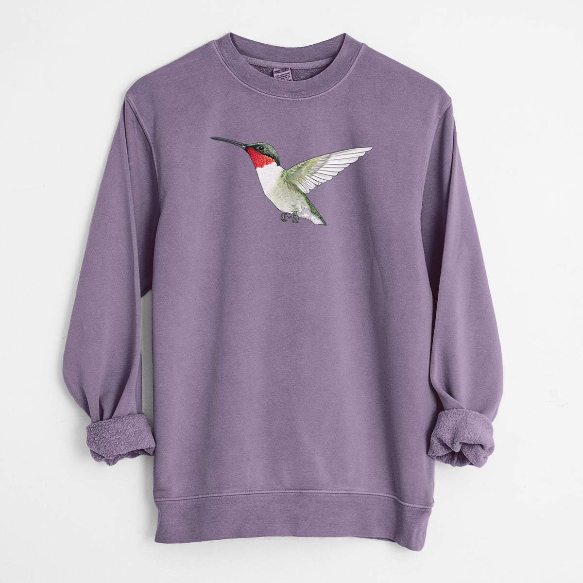 Vibrant Ruby-throated Hummingbird - Archilochus colubris - Unisex Pigment Dyed Crew Sweatshirt