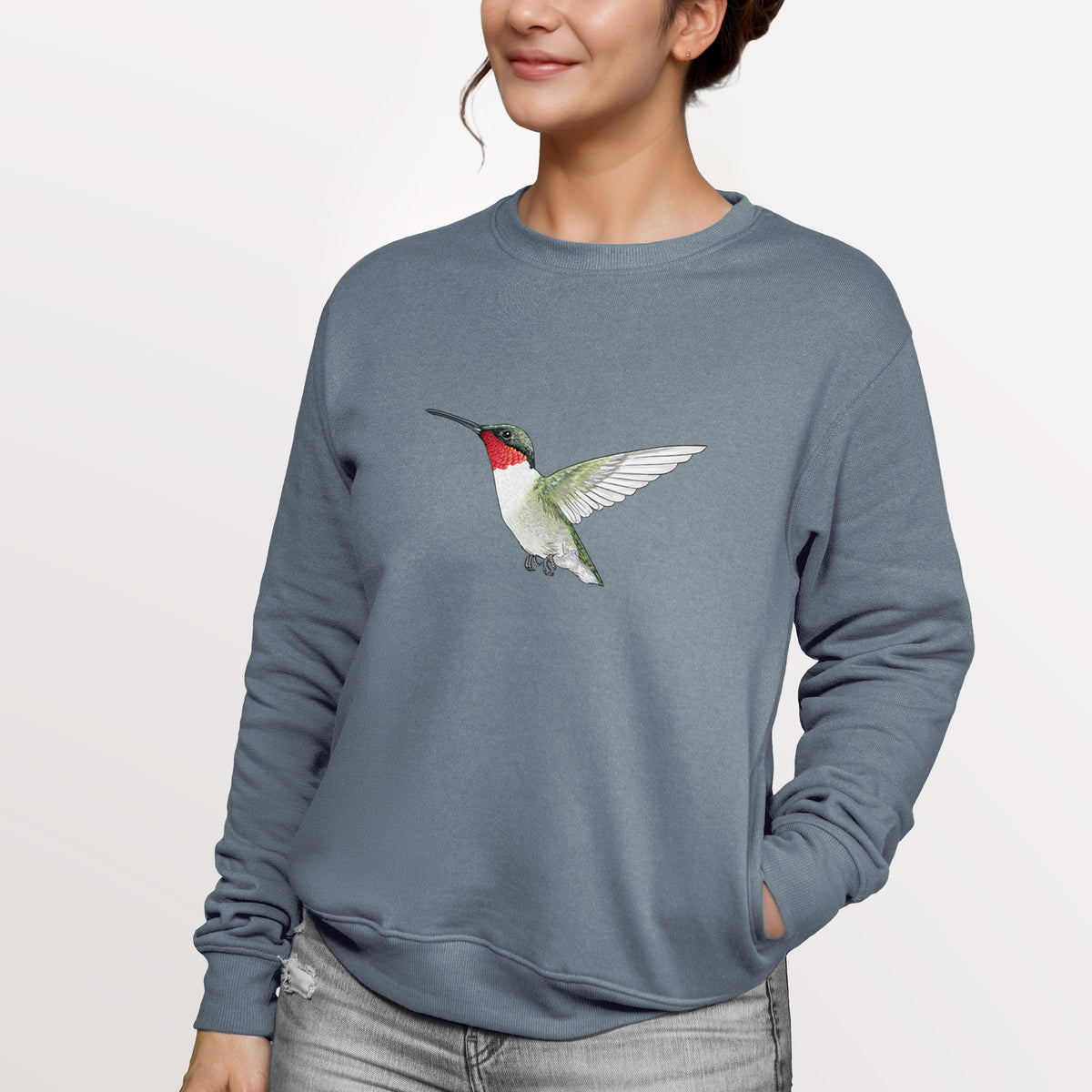 Vibrant Ruby-throated Hummingbird - Archilochus colubris  - Unisex Reclaimed Crewneck Sweatshirt