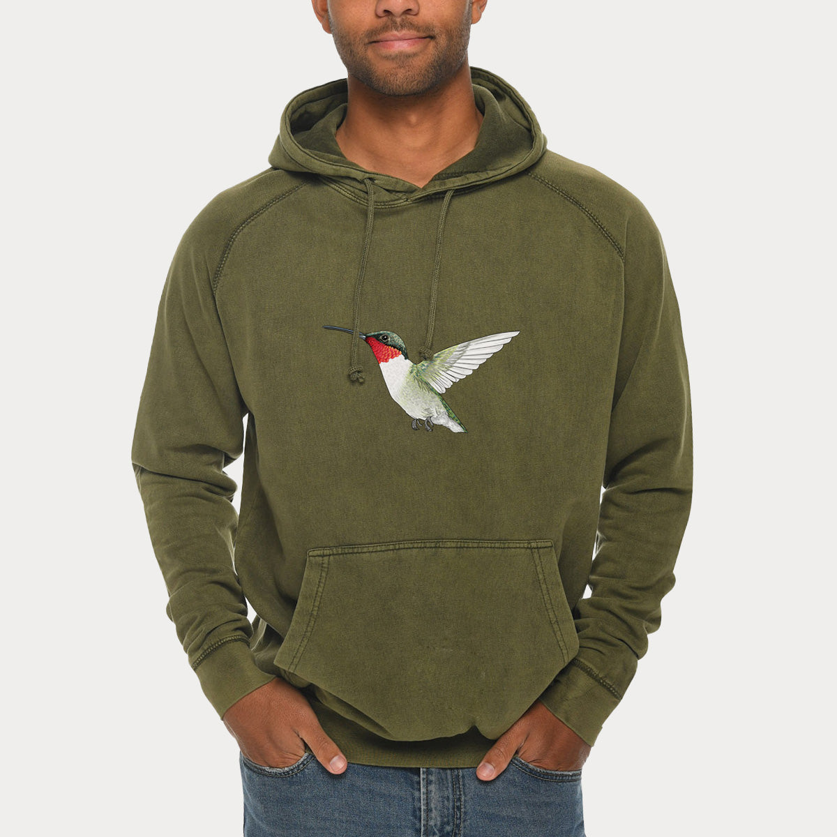 Vibrant Ruby-throated Hummingbird - Archilochus colubris  - Mid-Weight Unisex Vintage 100% Cotton Hoodie