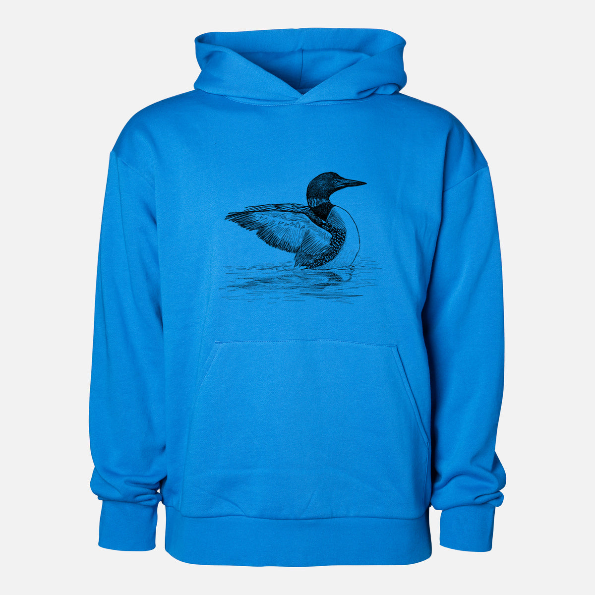 Common Loon - Gavia immer - Statement Midweight Hoodie in Azure Blue, shown from the front with the design printed on the chest above a front kangaroo pocket.