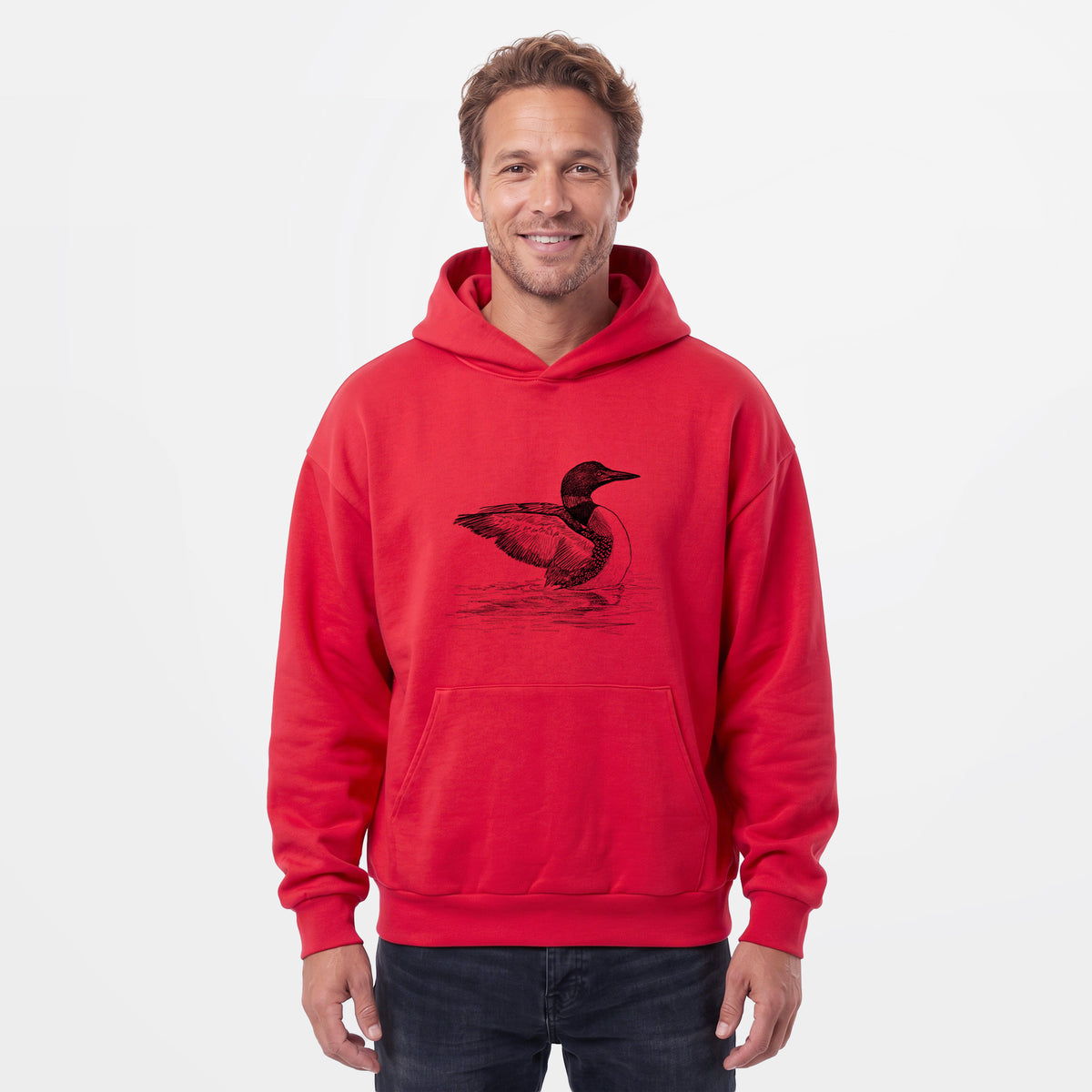 Male model wearing the Common Loon - Gavia immer - Statement Midweight Hoodie.