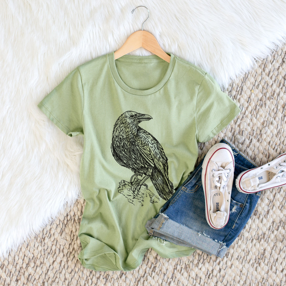 CLOSEOUT - Corvus corax - Common Raven - Women&#39;s Crewneck - Made in USA - 100% Organic Cotton