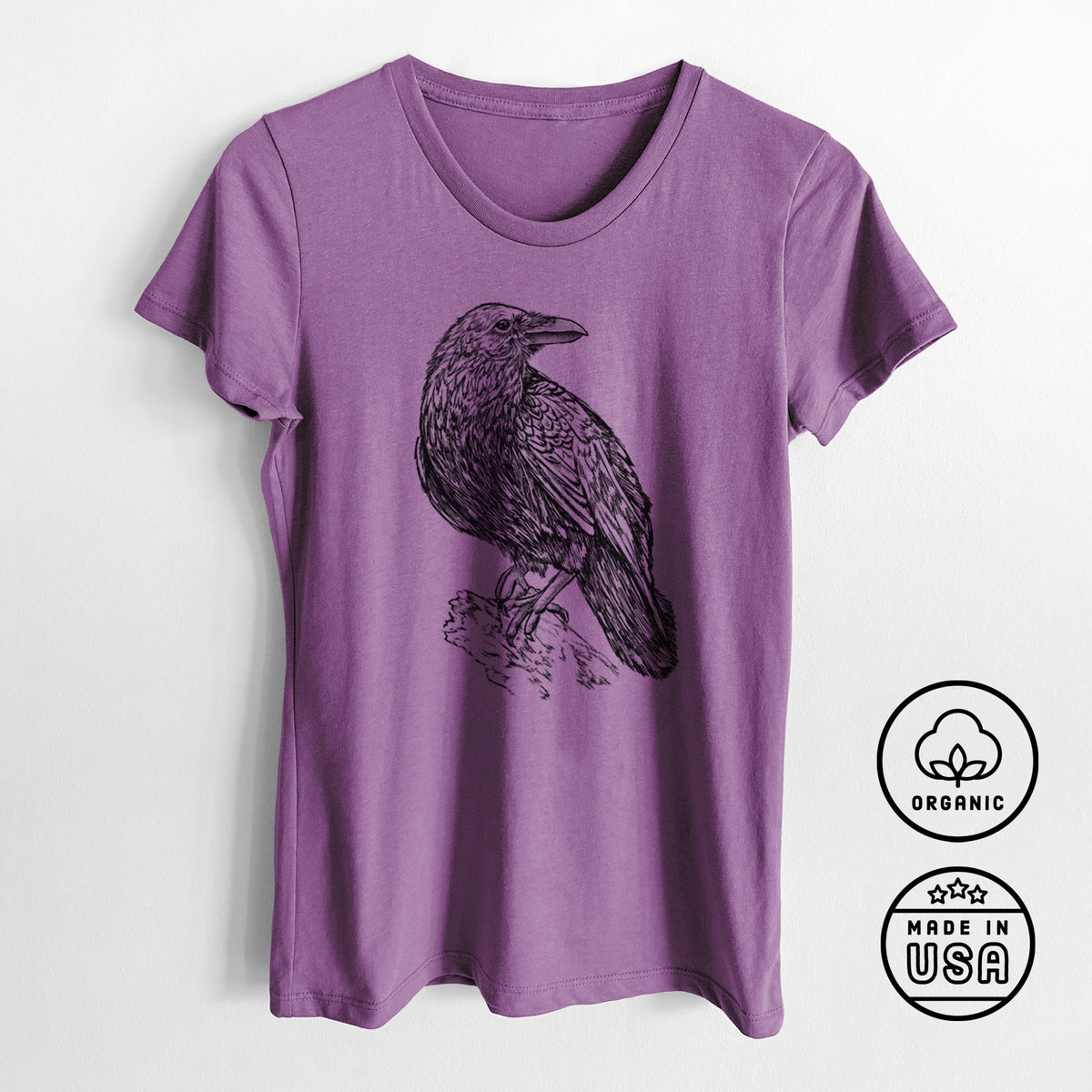 CLOSEOUT - Corvus corax - Common Raven - Women&#39;s Crewneck - Made in USA - 100% Organic Cotton