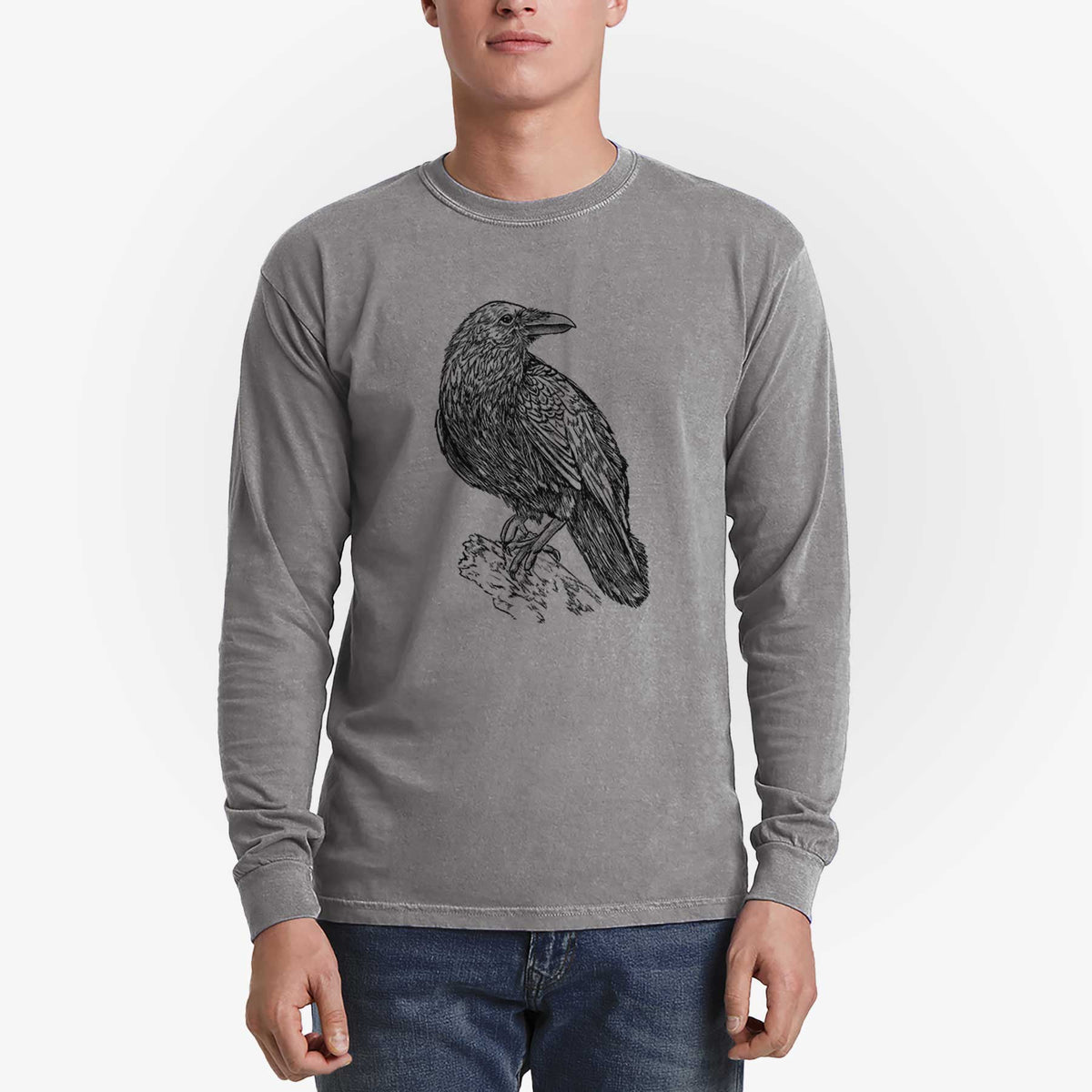 Common Raven - Corvus corax - Men&#39;s Heavyweight 100% Cotton Long Sleeve