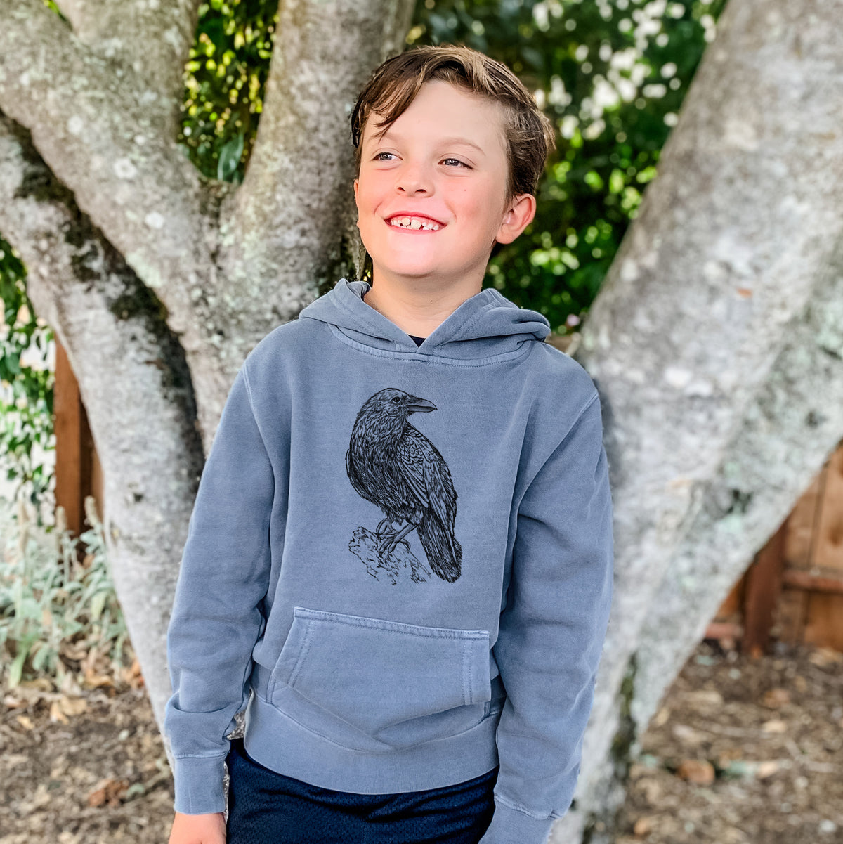 Common Raven - Corvus corax - Youth Pigment Dyed Hoodie