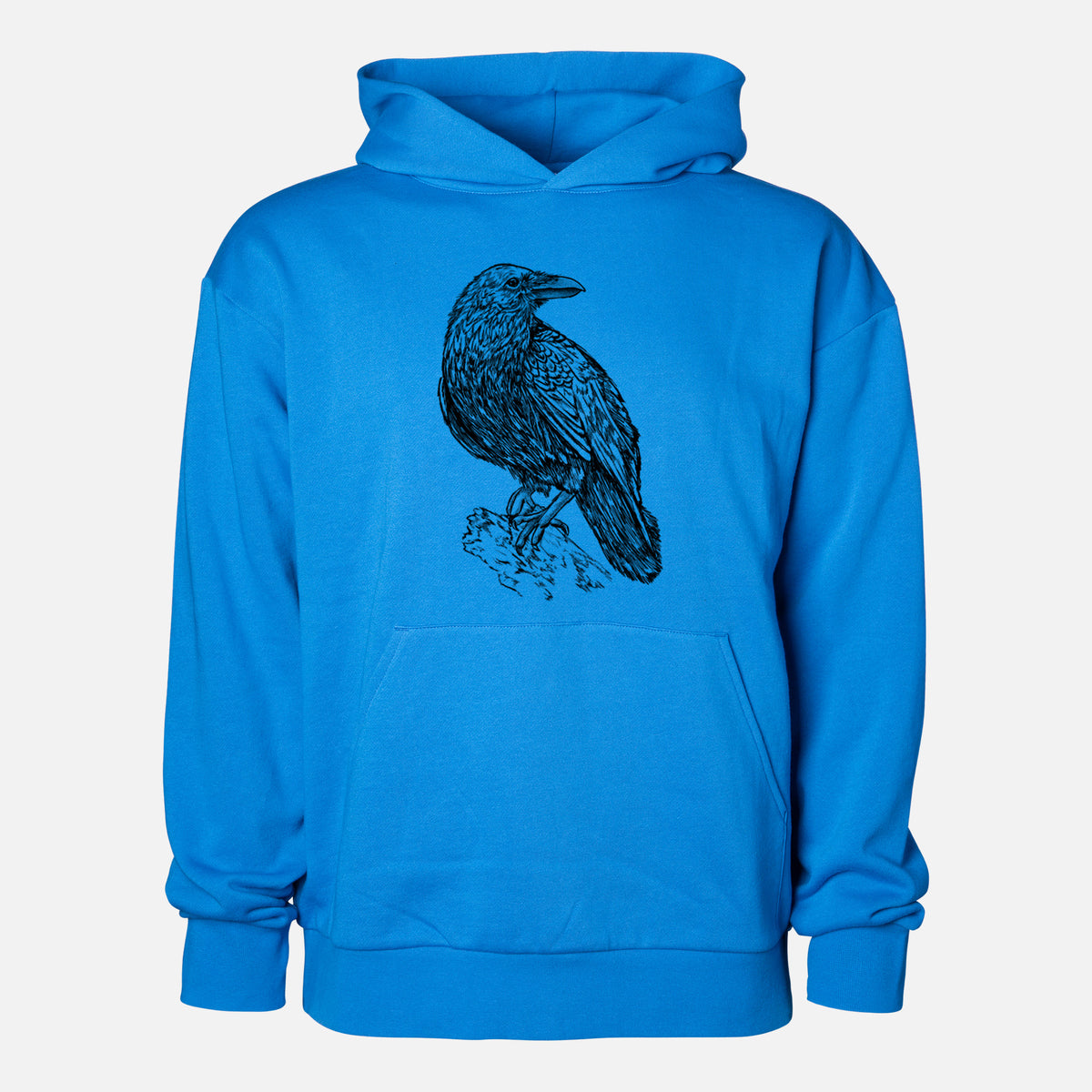 Corvus corax - Common Raven - Statement Midweight Hoodie in Azure Blue, shown from the front with the design printed on the chest above a front kangaroo pocket.
