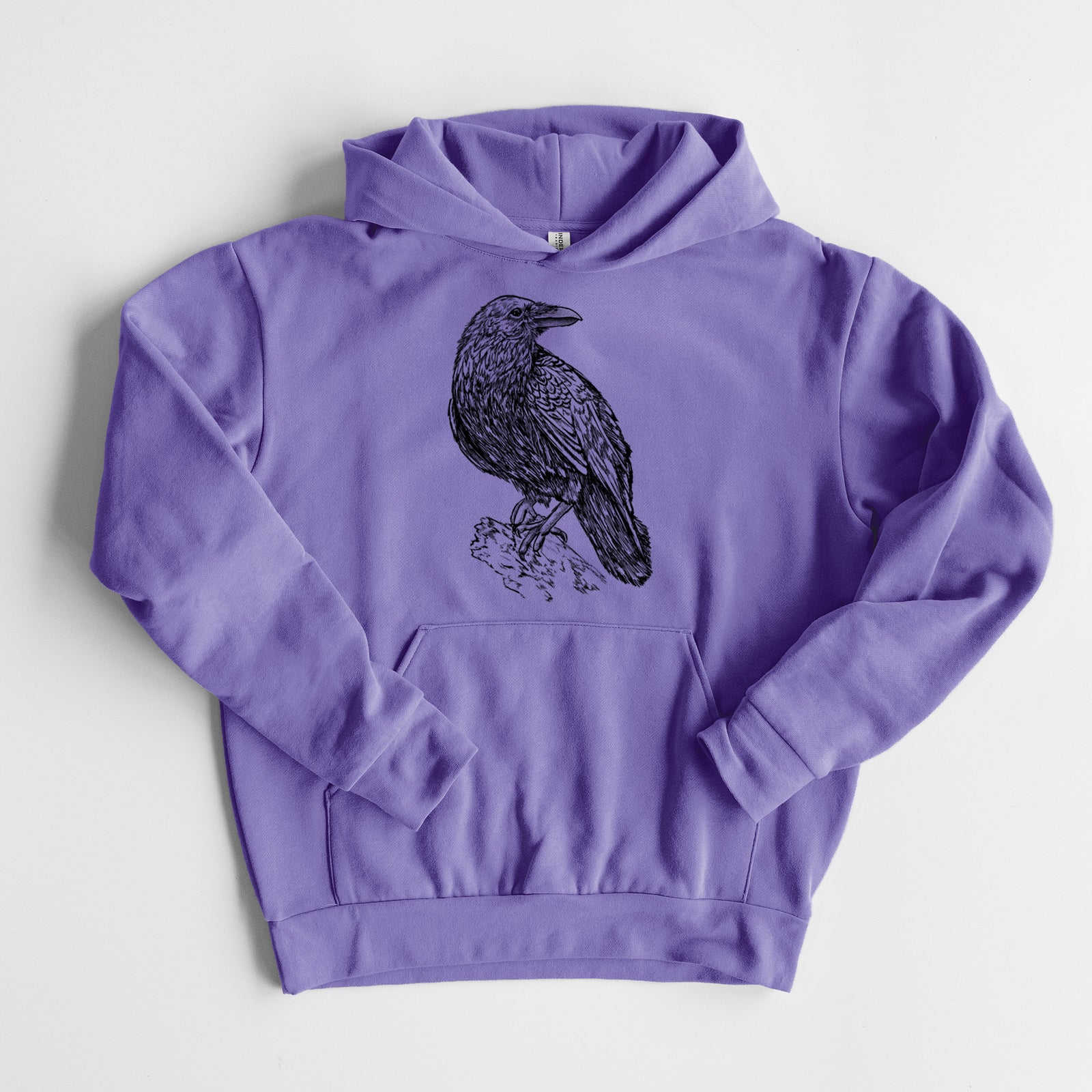 Corvus corax - Common Raven - Statement Midweight Hoodie in Violet, laid flat, showing the oversized boxy fit and front kangaroo pocket.