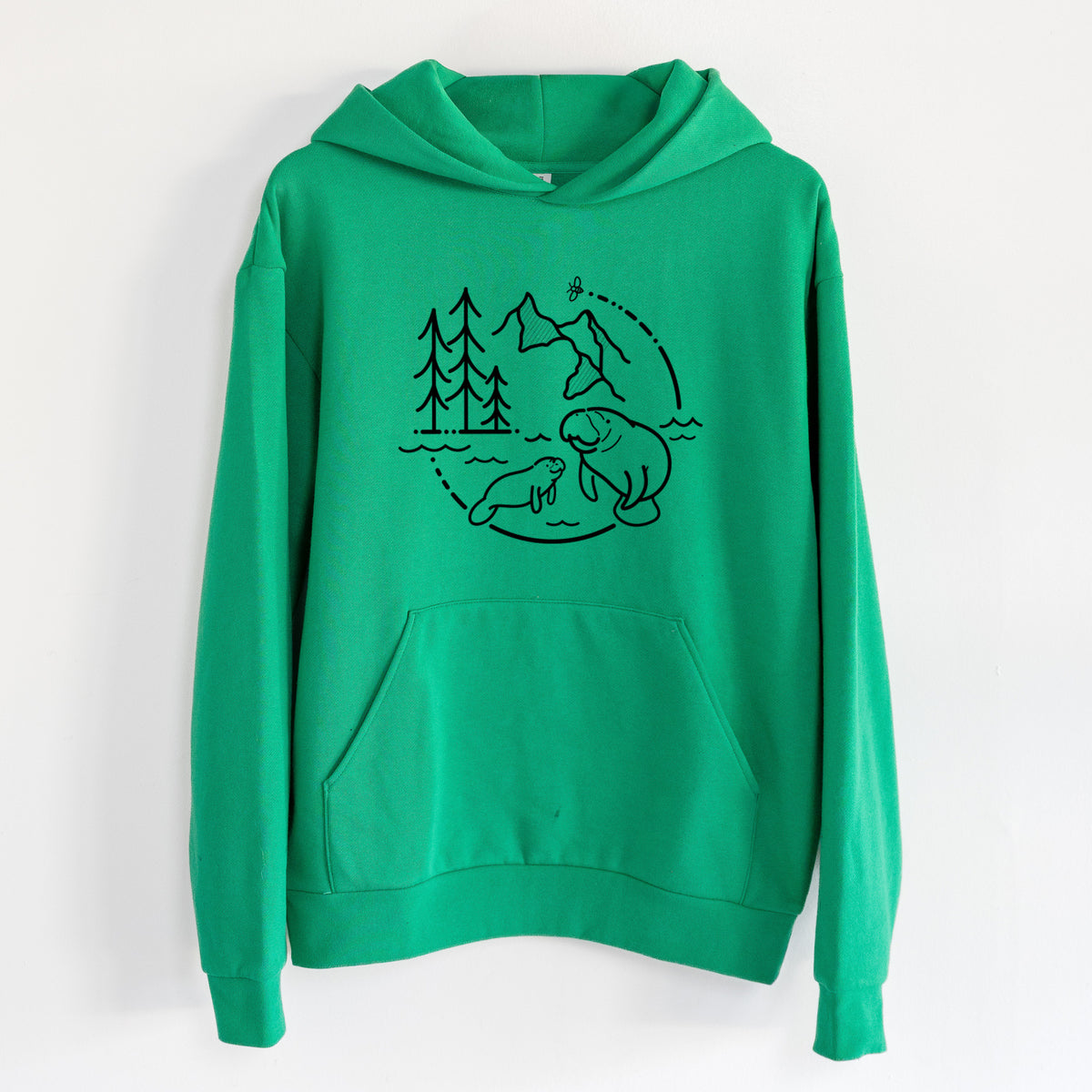 It's All Connected - Manatee - Statement Midweight Hoodie in Kelly Green, hanging on a white wall, with a front kangaroo pocket and no drawcords.