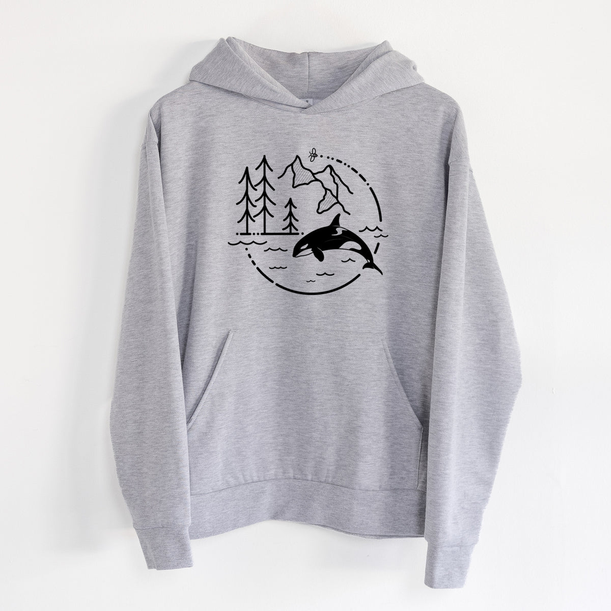 It's All Connected - Orca - Statement Midweight Hoodie in Heather Grey, hanging on a white wall, with a front kangaroo pocket and no drawcords.