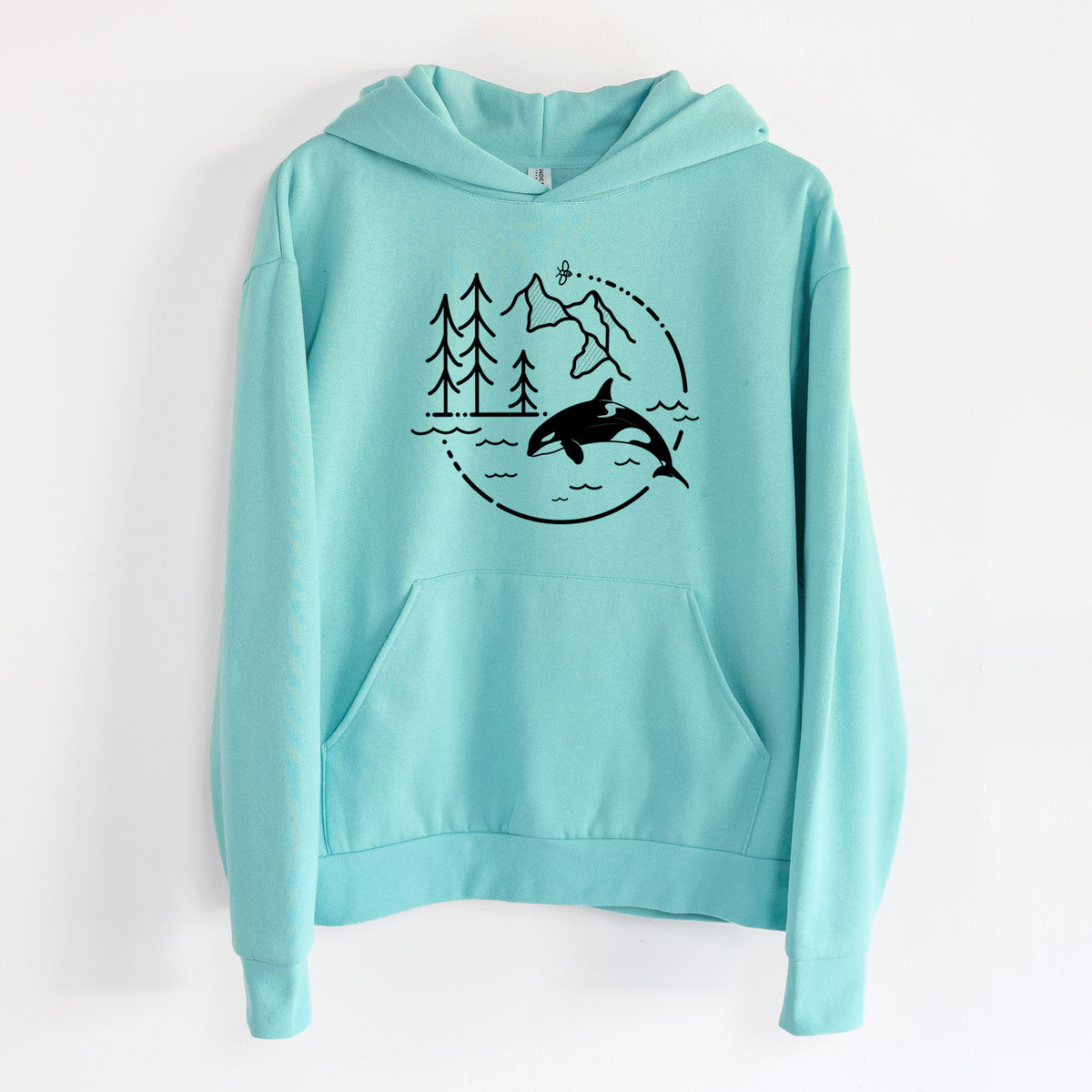 It's All Connected - Orca - Statement Midweight Hoodie in Seafoam, hanging on a white wall, with a front kangaroo pocket and no drawcords.