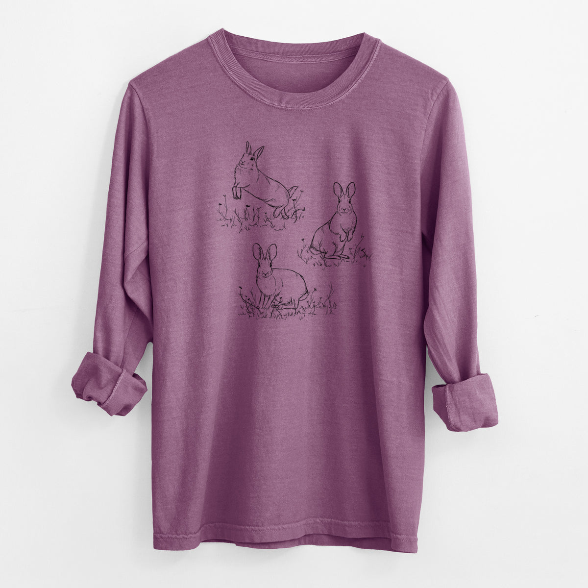 Eastern Cottontail Rabbit Trio - Sylvilagus floridanus - Men&#39;s Heavyweight 100% Cotton Long Sleeve