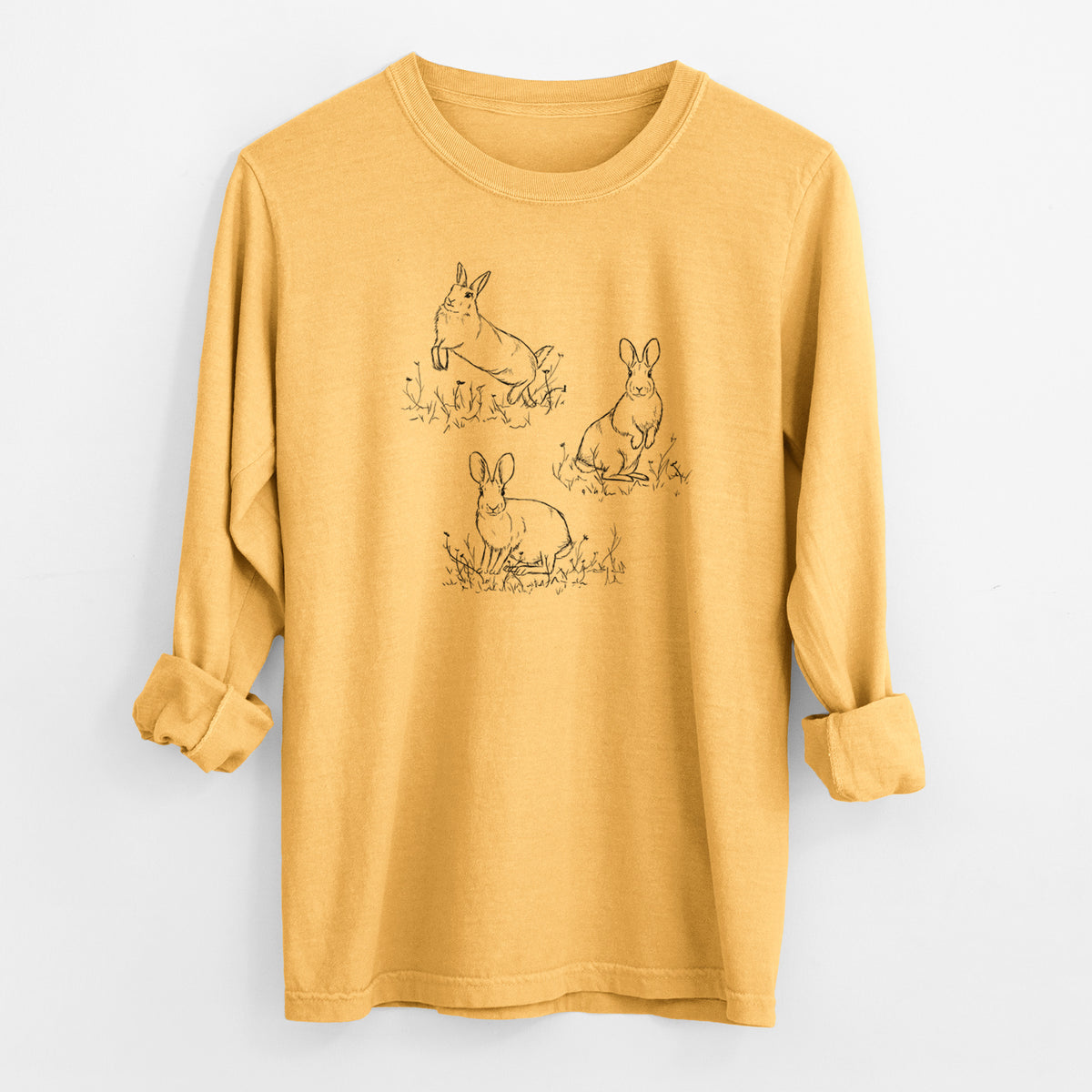 Eastern Cottontail Rabbit Trio - Sylvilagus floridanus - Men&#39;s Heavyweight 100% Cotton Long Sleeve