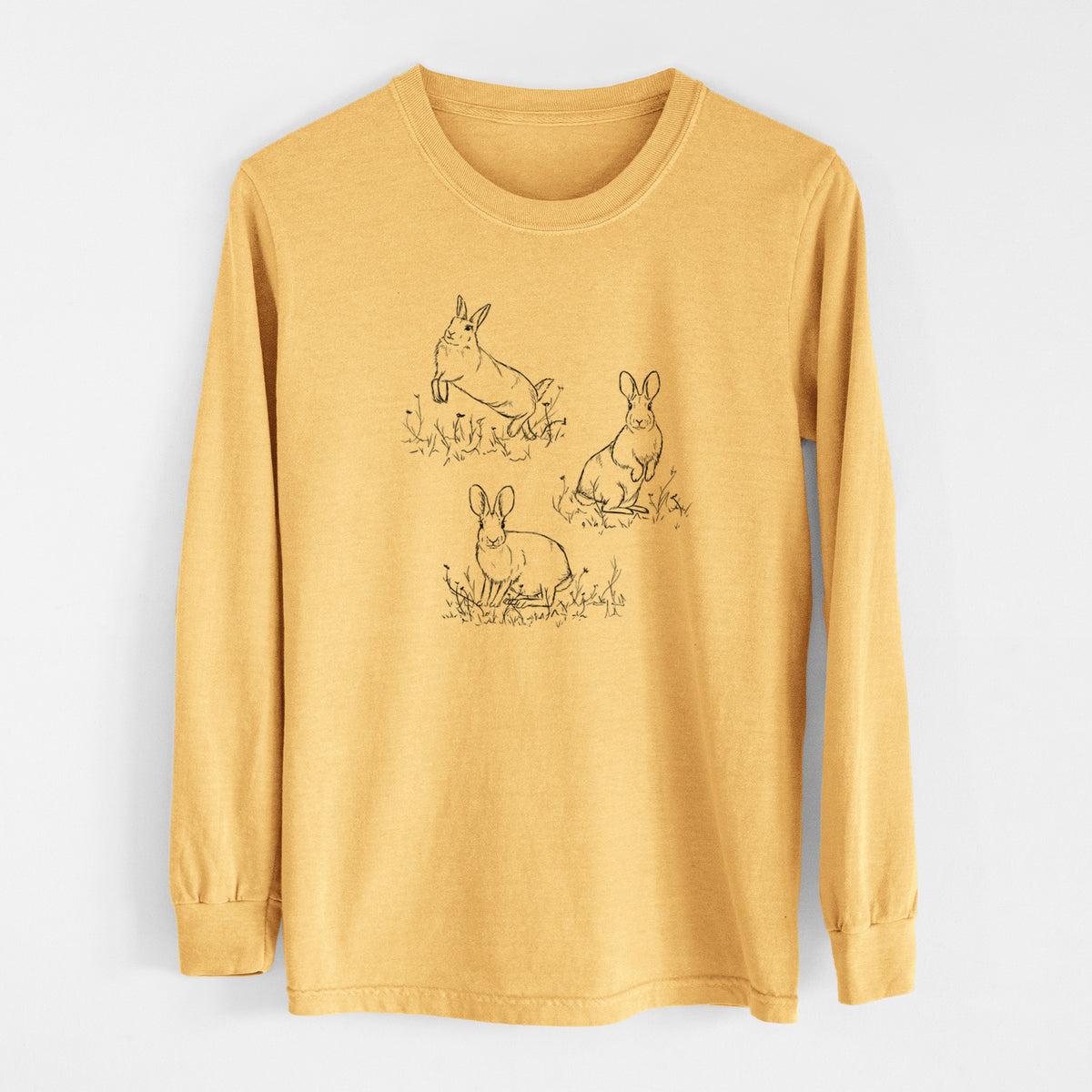 Eastern Cottontail Rabbit Trio - Sylvilagus floridanus - Men&#39;s Heavyweight 100% Cotton Long Sleeve