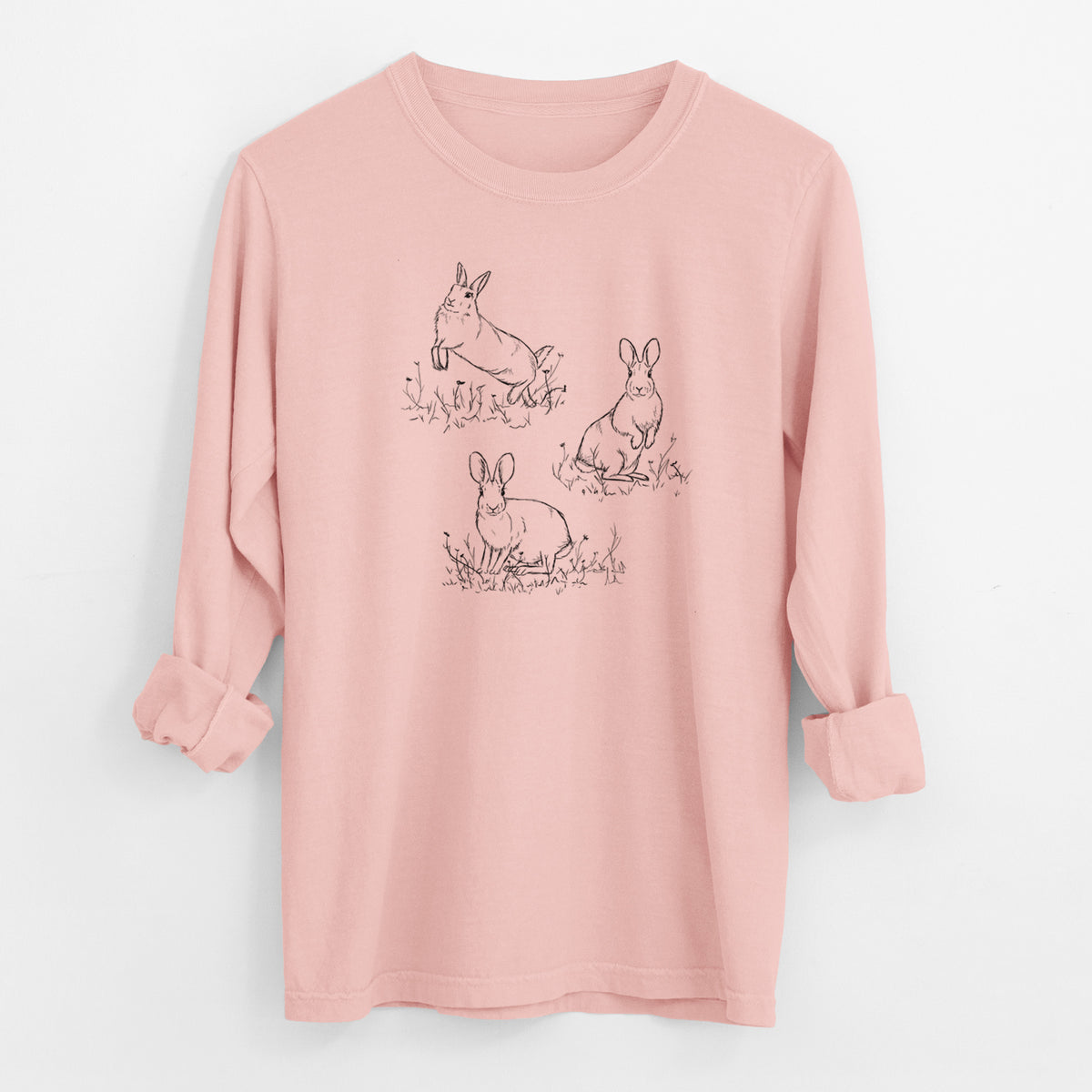 Eastern Cottontail Rabbit Trio - Sylvilagus floridanus - Men&#39;s Heavyweight 100% Cotton Long Sleeve