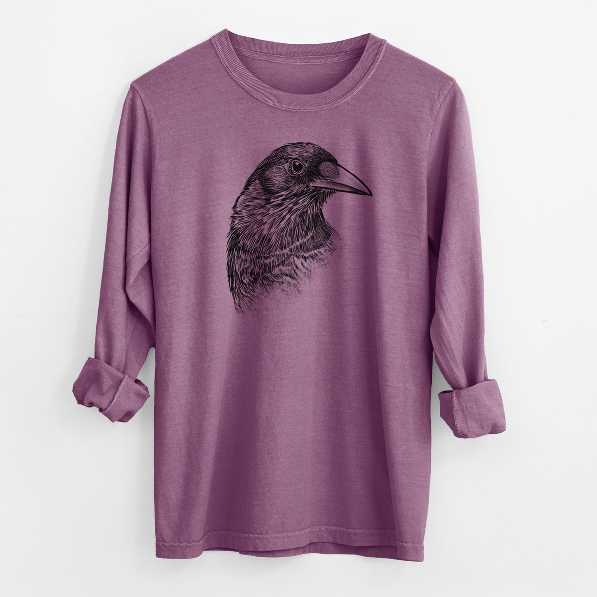 American Crow Bust - Corvus brachyrhynchos - Men&#39;s Heavyweight 100% Cotton Long Sleeve