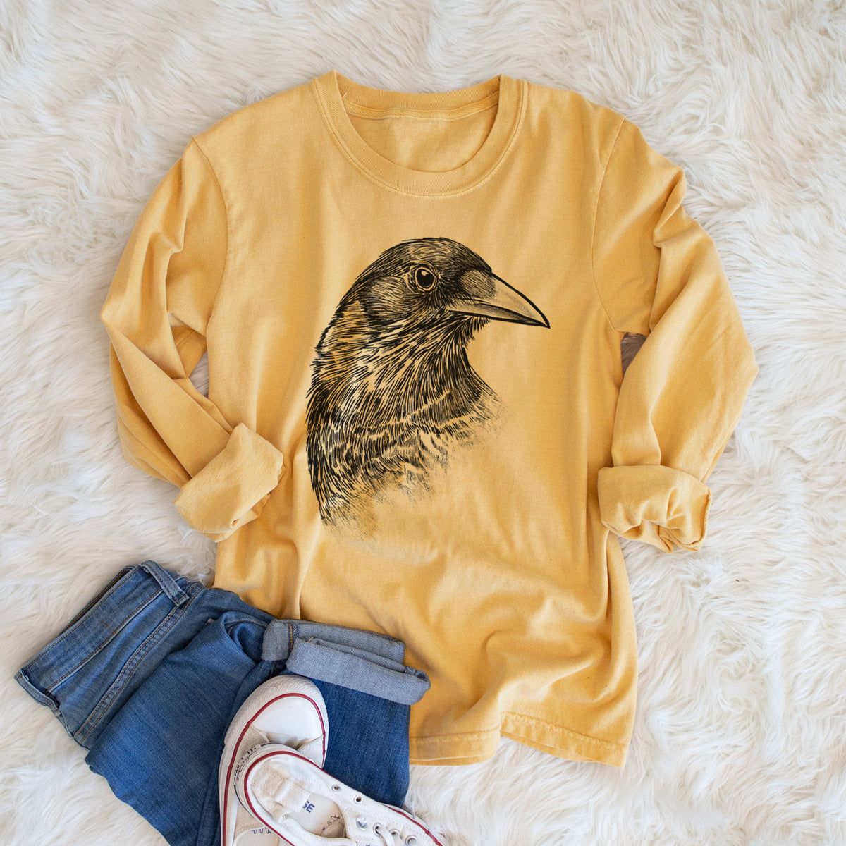 American Crow Bust - Corvus brachyrhynchos - Men&#39;s Heavyweight 100% Cotton Long Sleeve